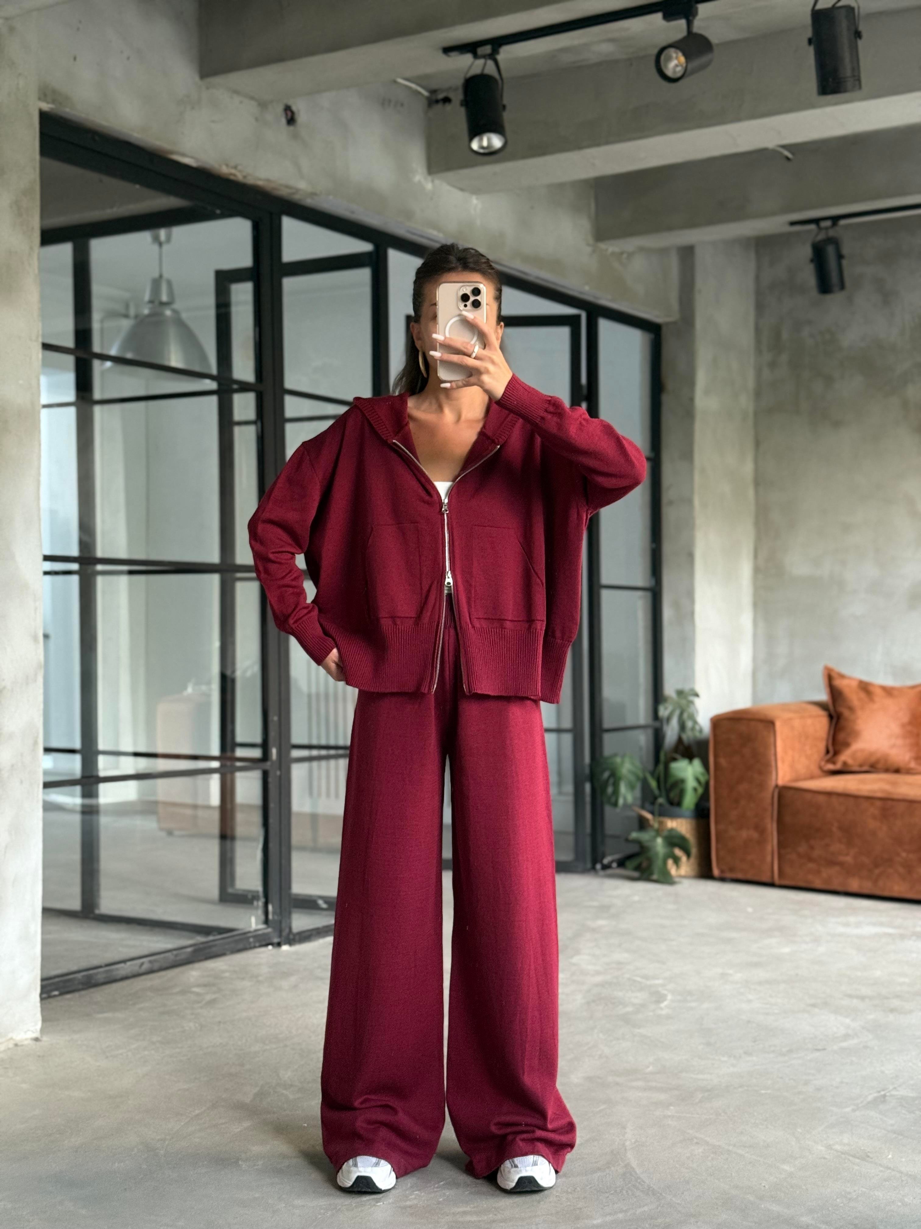Kapüşonlu Oversize Hırkalı Triko Takım - Mürdüm - Dominatrend