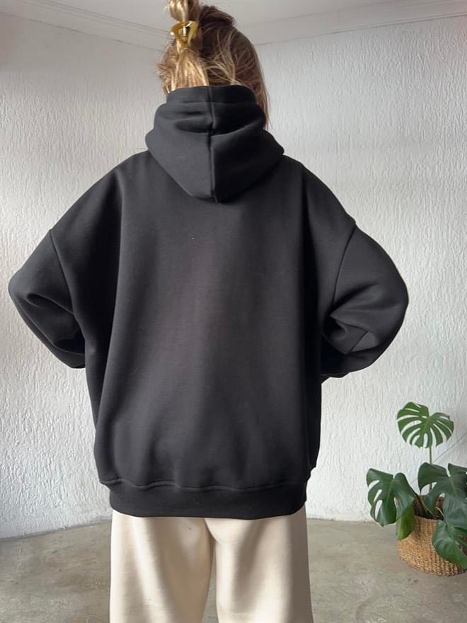Kapüşonlu Oversize Hoodie - Siyah - Dominatrend