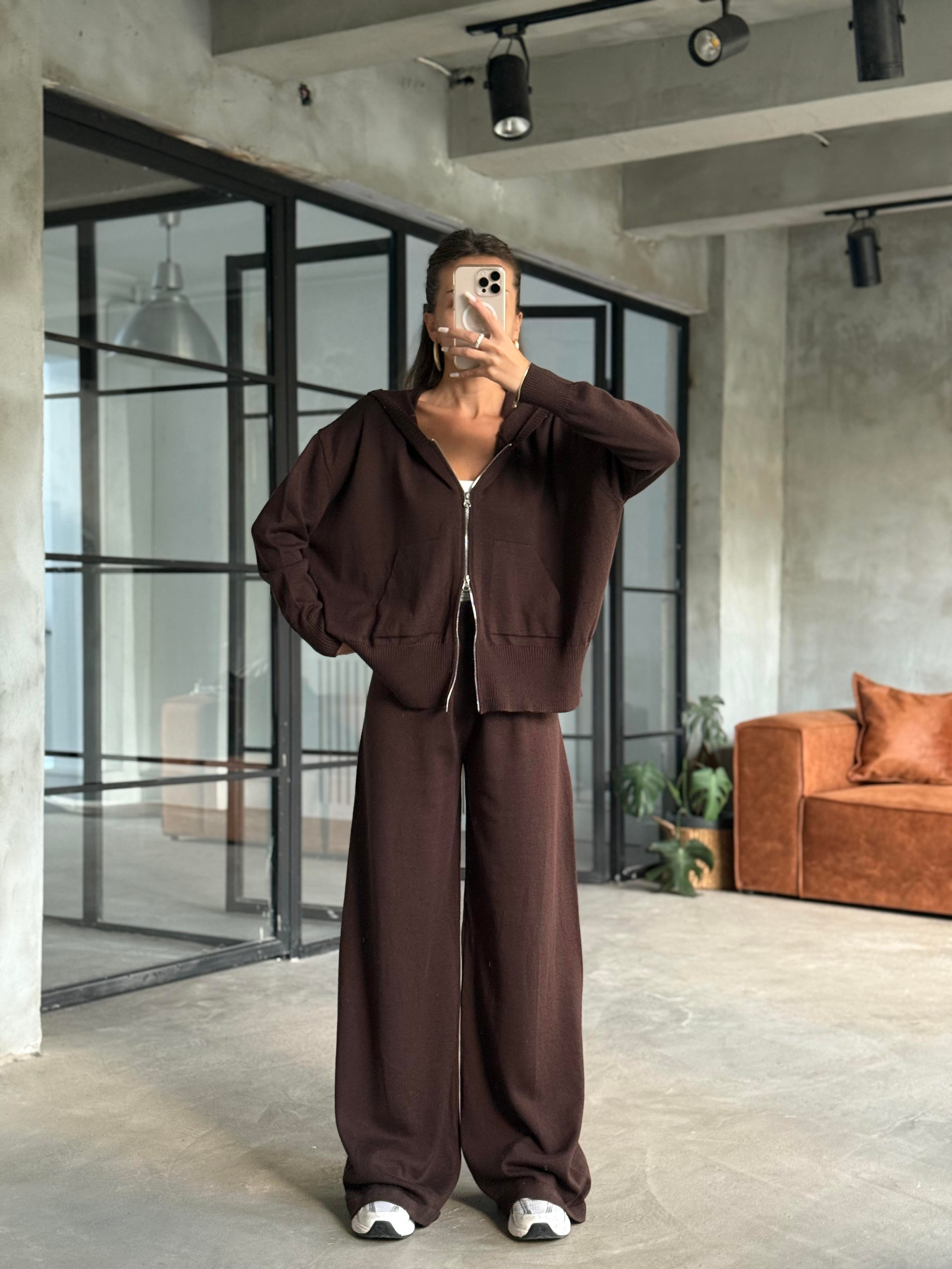 Kapüşonlu Oversize Triko Takım - Kahverengi - Dominatrend
