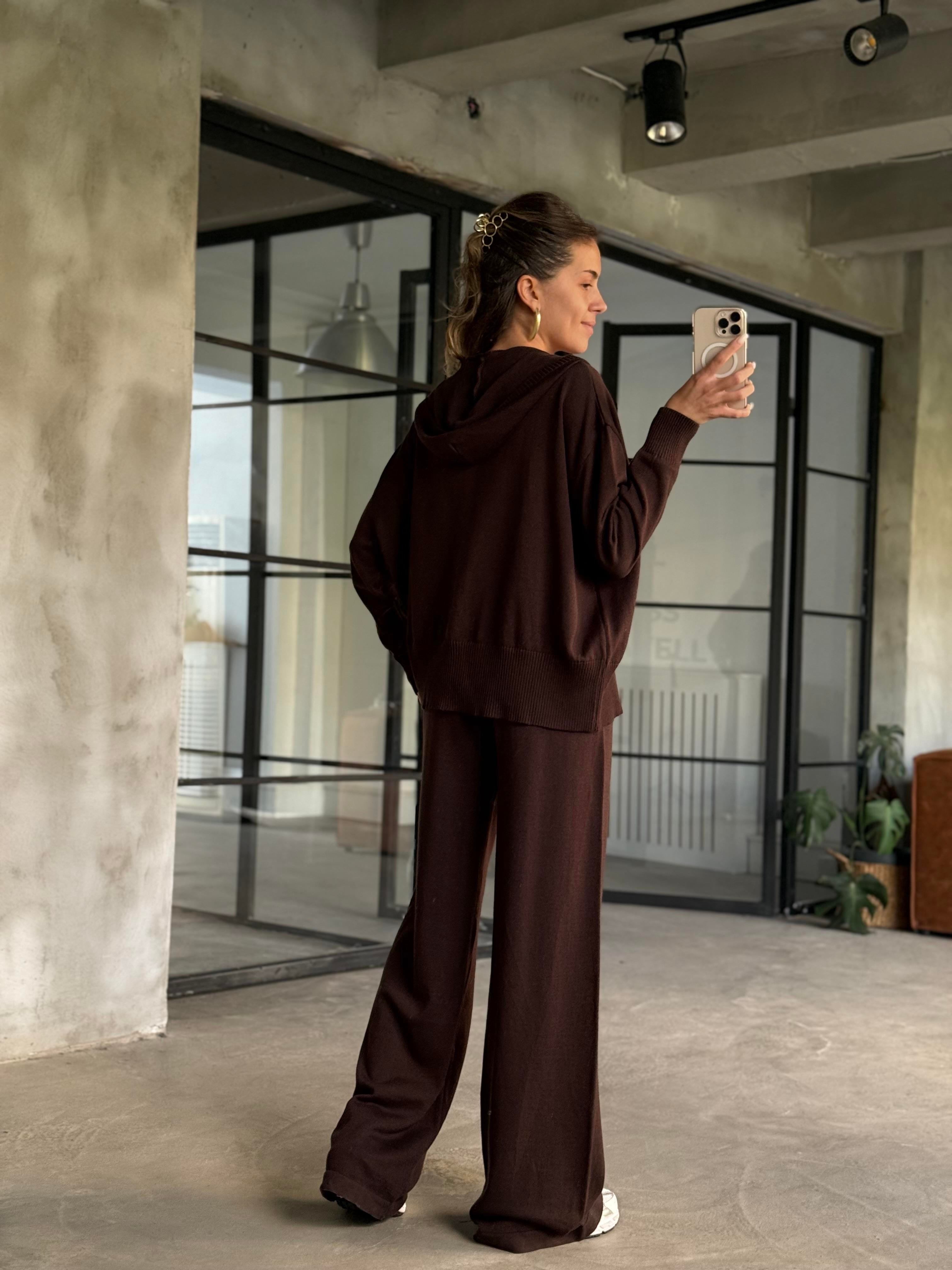 Kapüşonlu Oversize Triko Takım - Kahverengi - Dominatrend