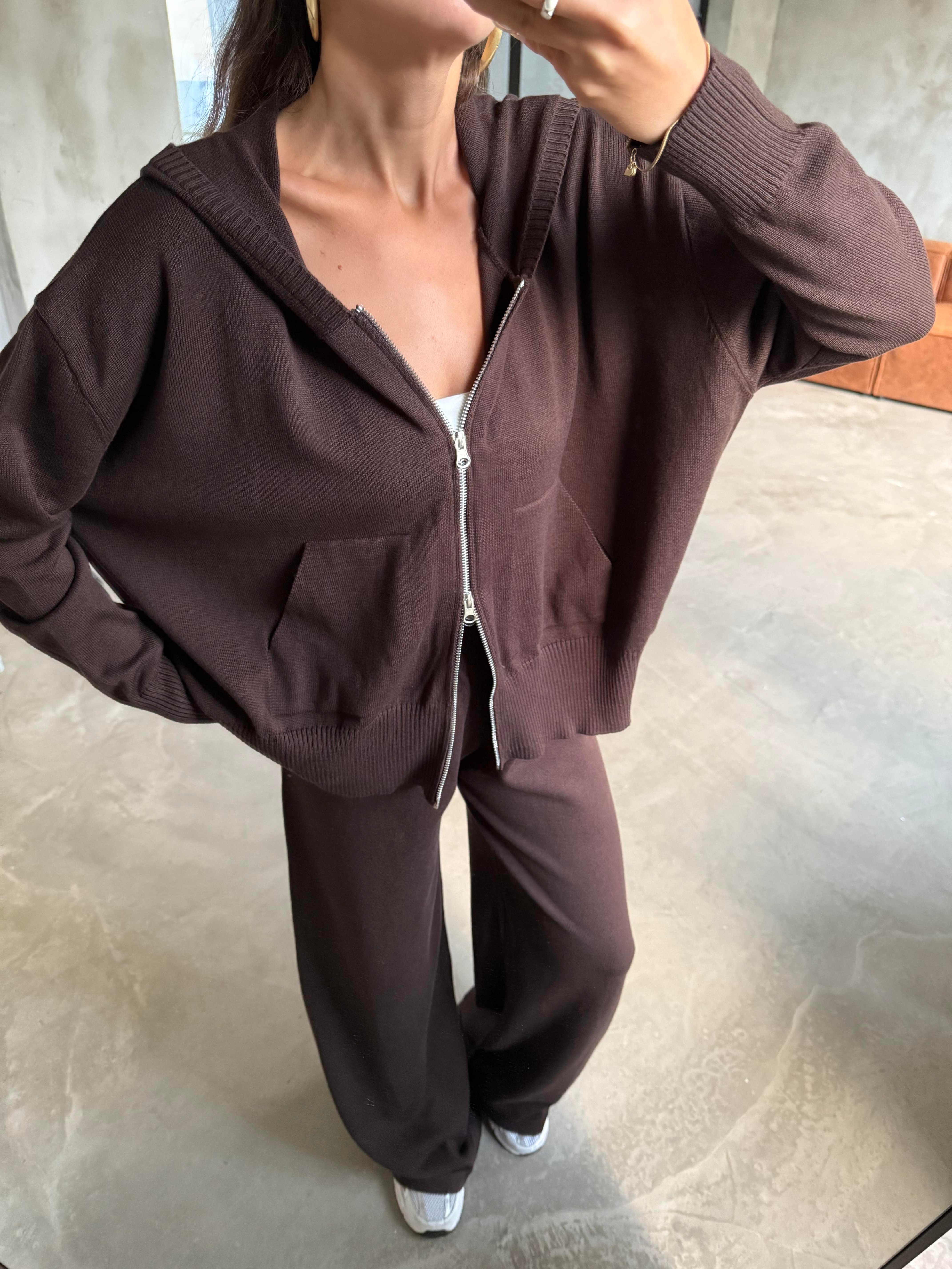 Kapüşonlu Oversize Triko Takım - Kahverengi - Dominatrend