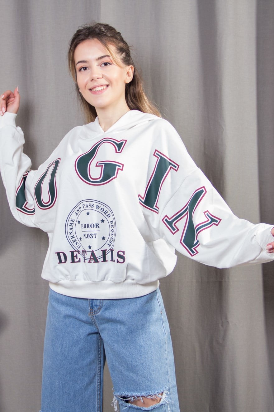 Kapüşonlu Yazı Detaylı Sweatshirt - Beyaz - Dominatrend