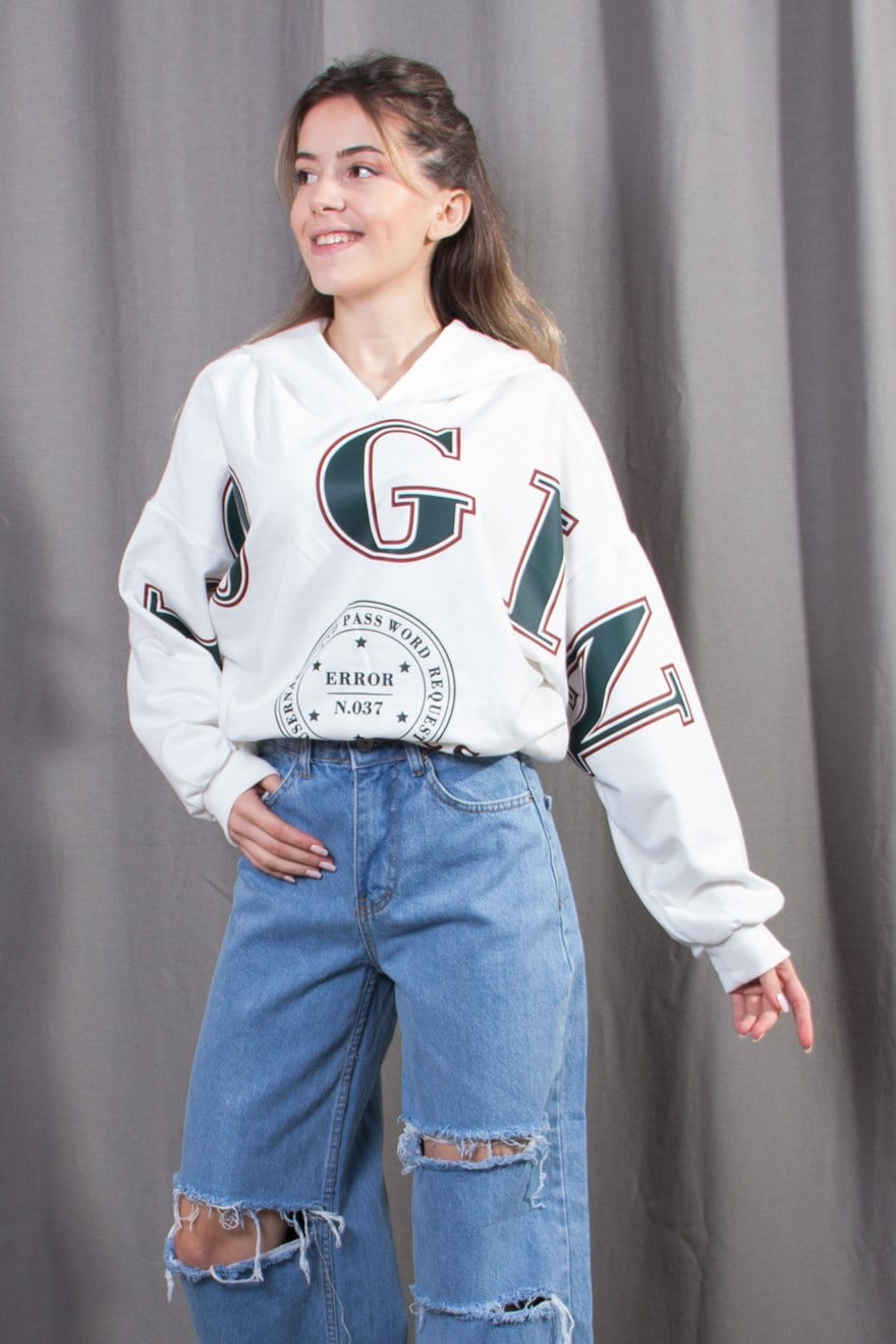 Kapüşonlu Yazı Detaylı Sweatshirt - Beyaz - Dominatrend
