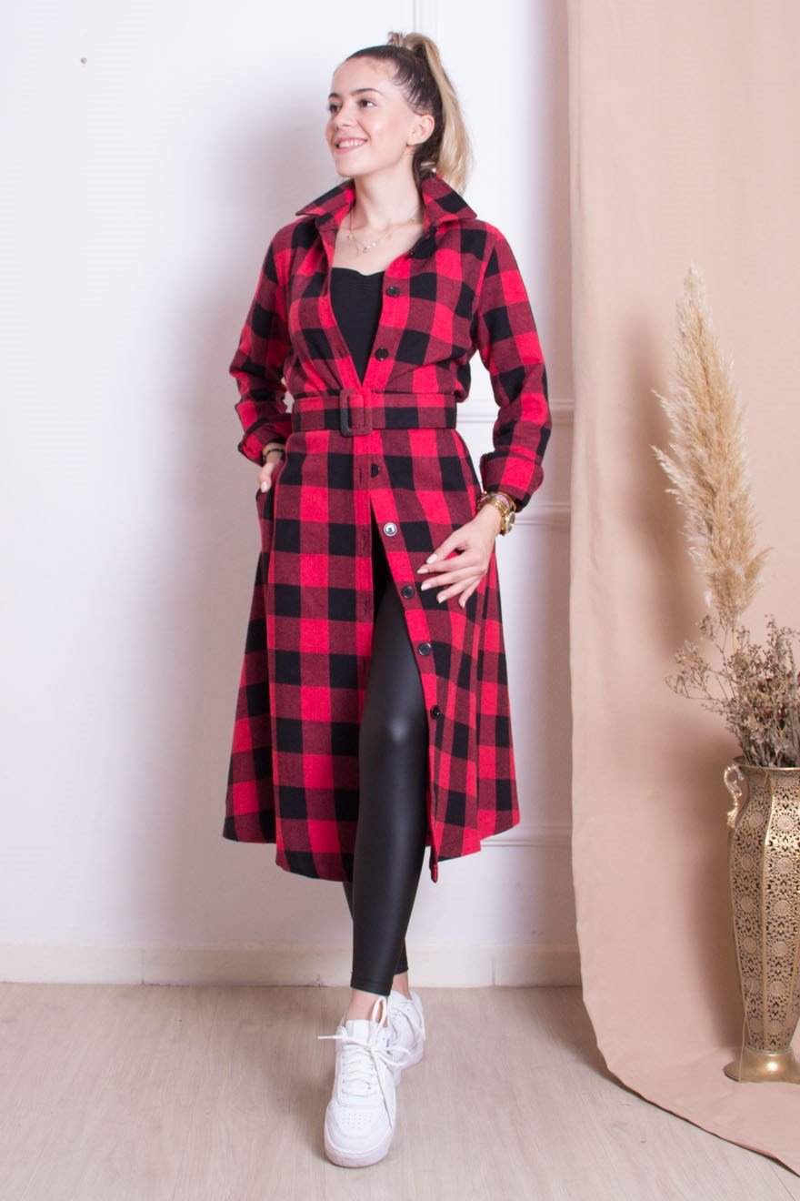 Kareli Uzun Ceket - Siyah - Dominatrend
