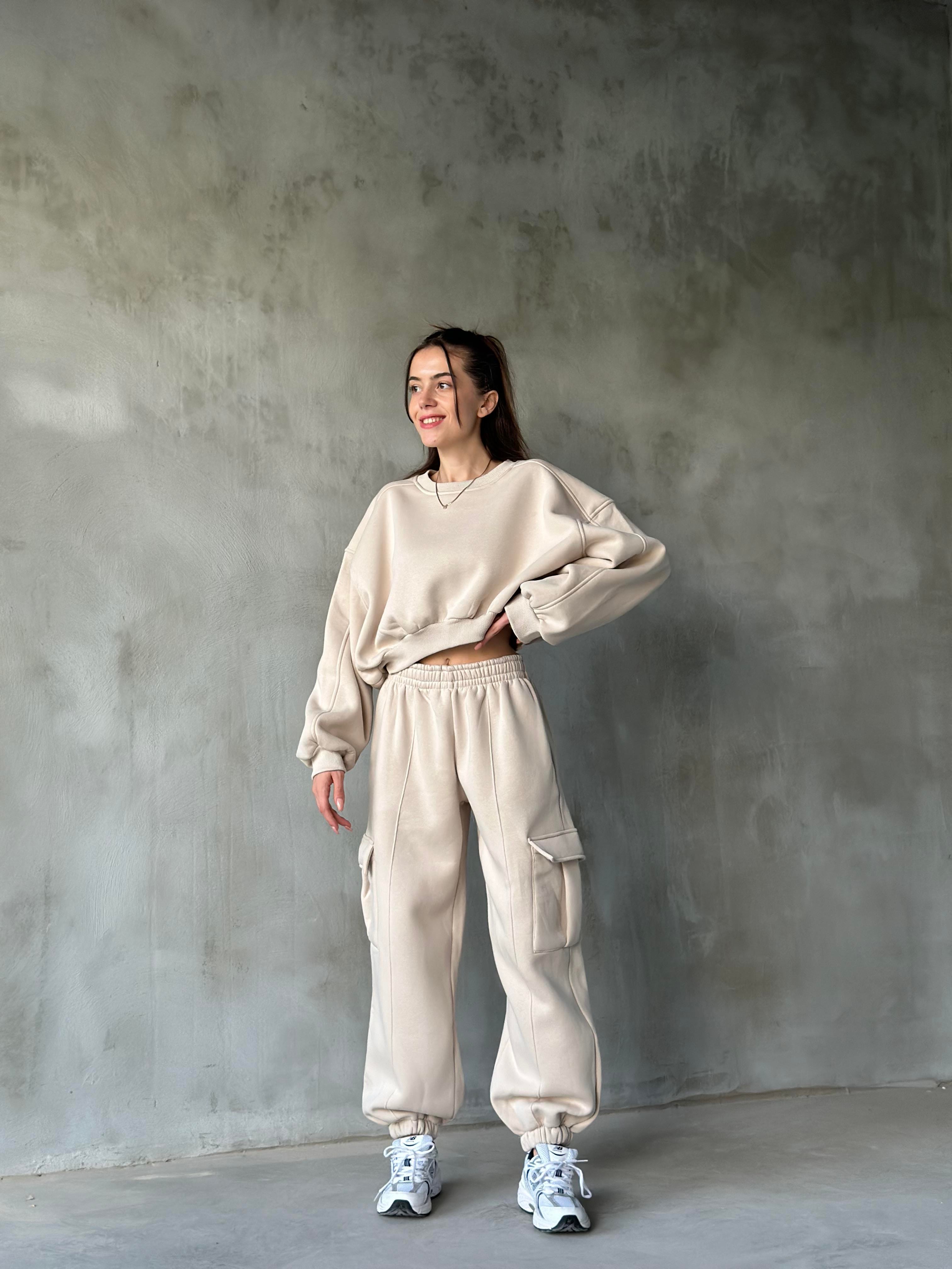Kargo Cepli Crop Eşofman Takımı - Bej - Dominatrend