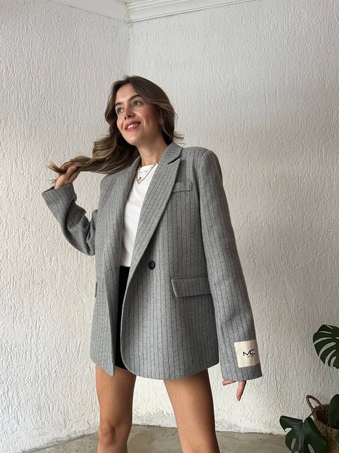 Kaşe Çizgili Oversize Blazer Ceket - Gri - Dominatrend