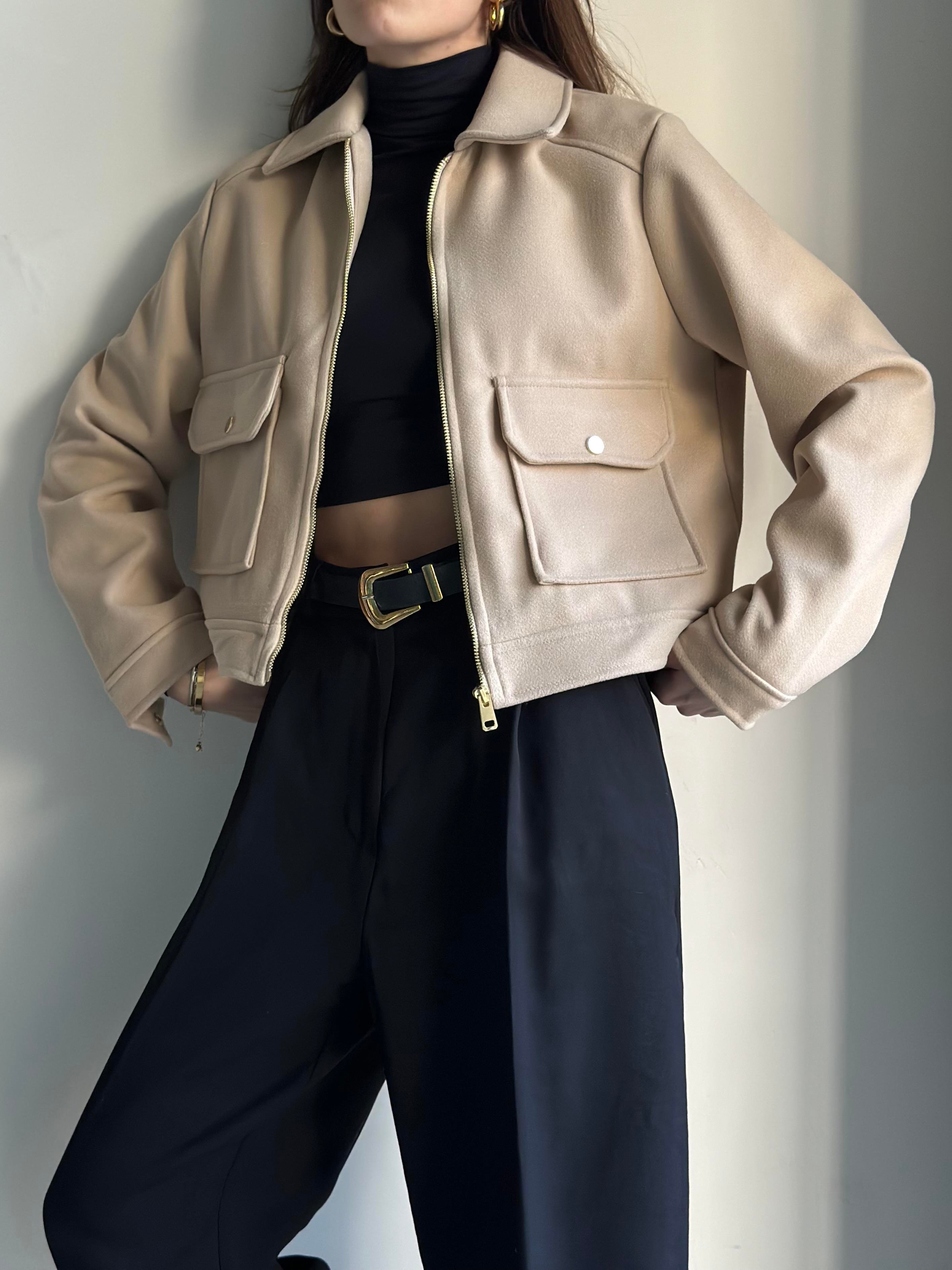 Kaşe Crop Ceket - Bej - Dominatrend