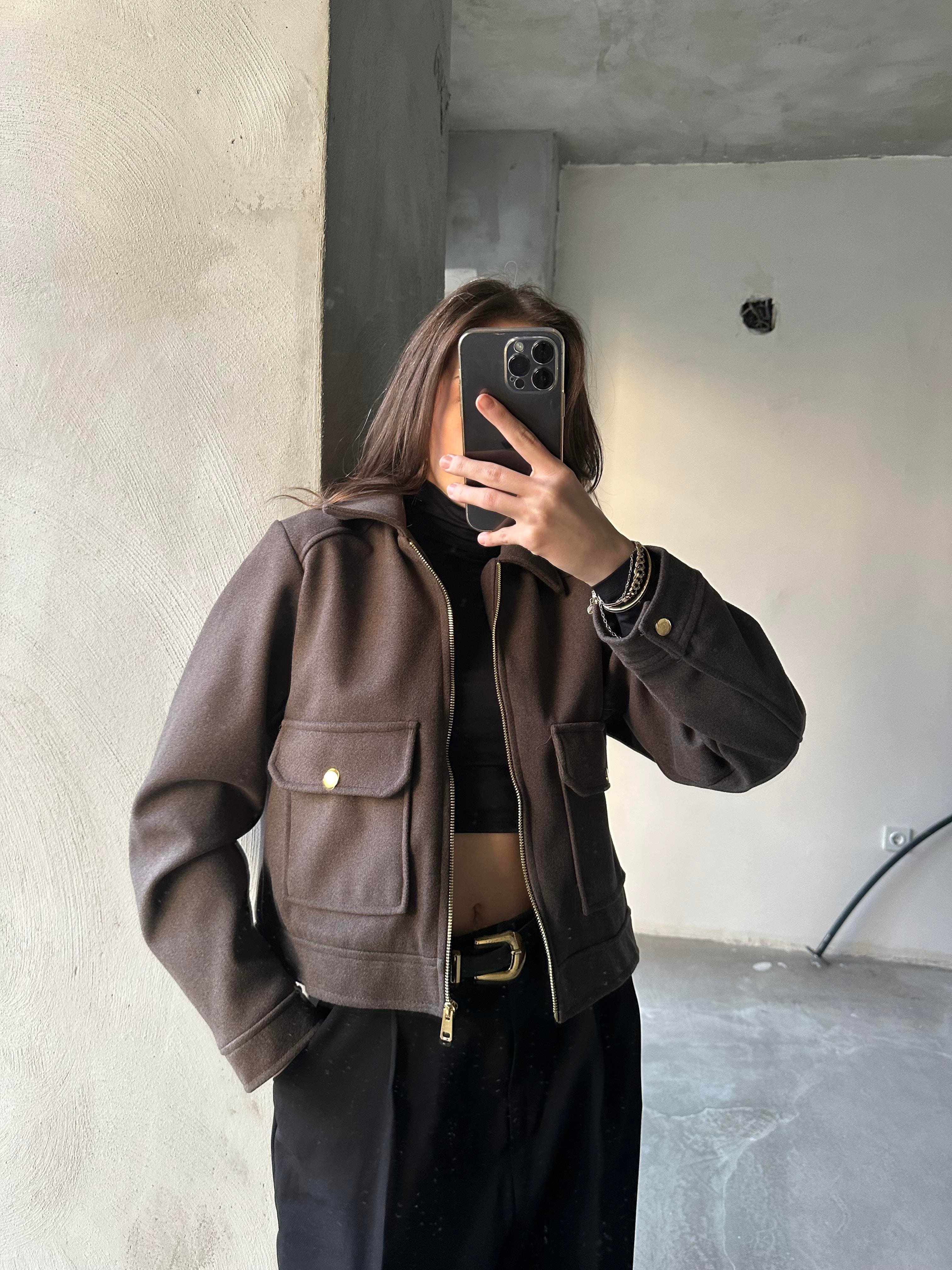 Kaşe Crop Ceket - Kahverengi - Dominatrend
