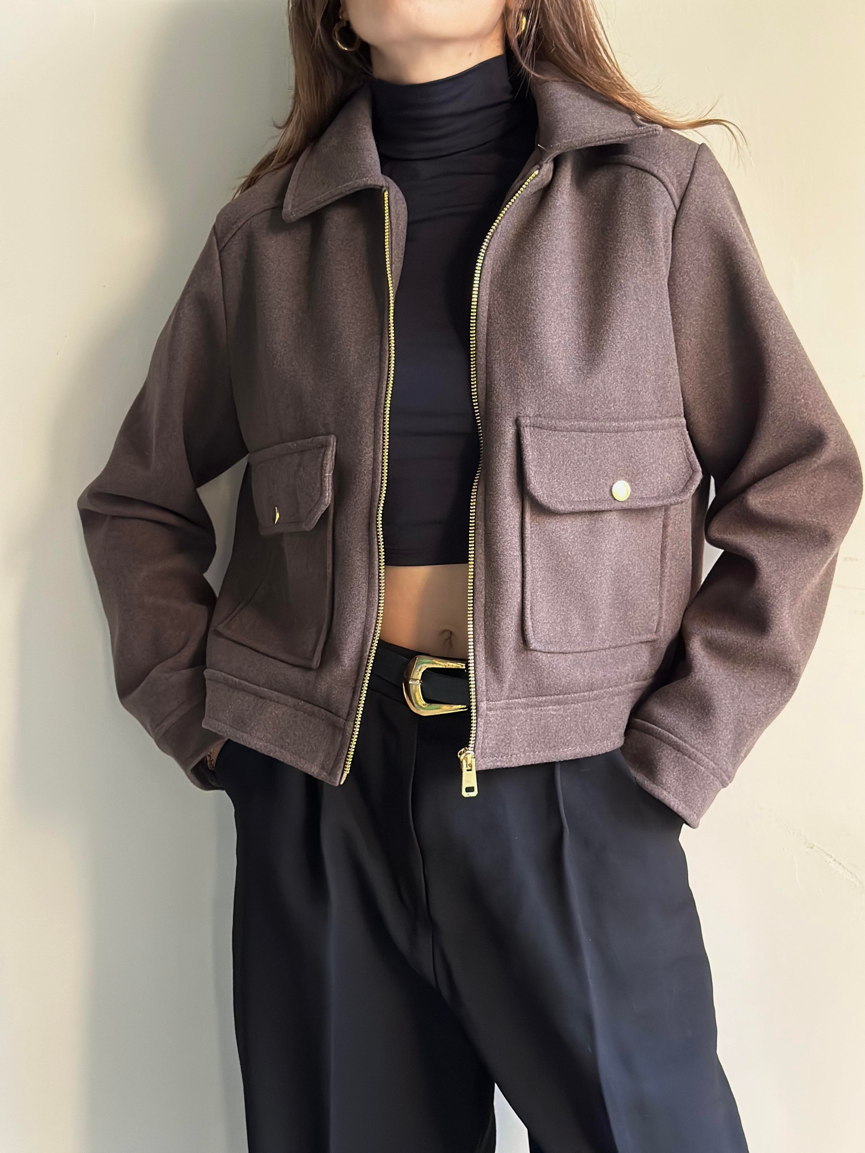 Kaşe Crop Ceket - Kahverengi - Dominatrend
