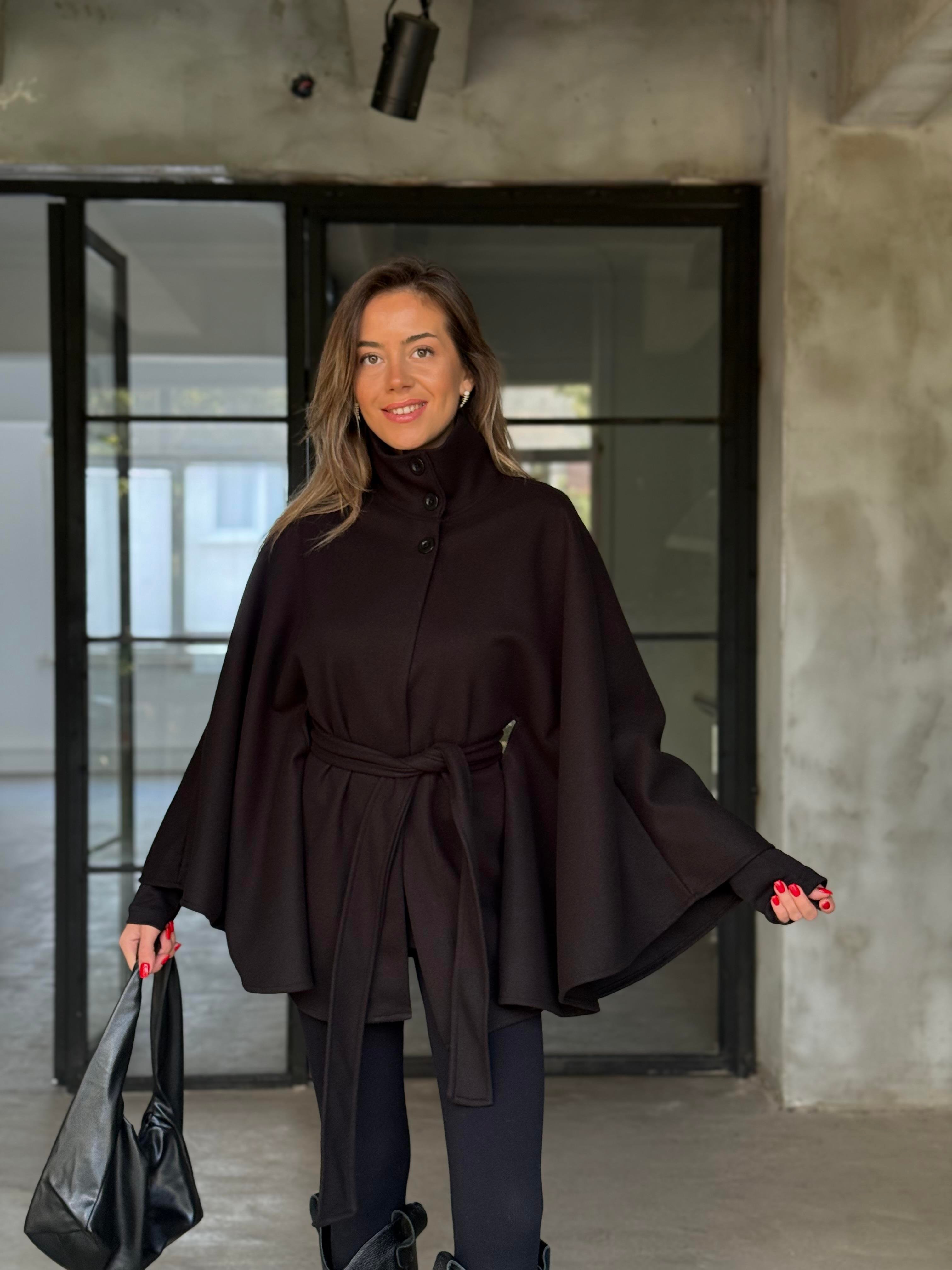 Kaşe Kuşaklı Panço - Krem - Dominatrend