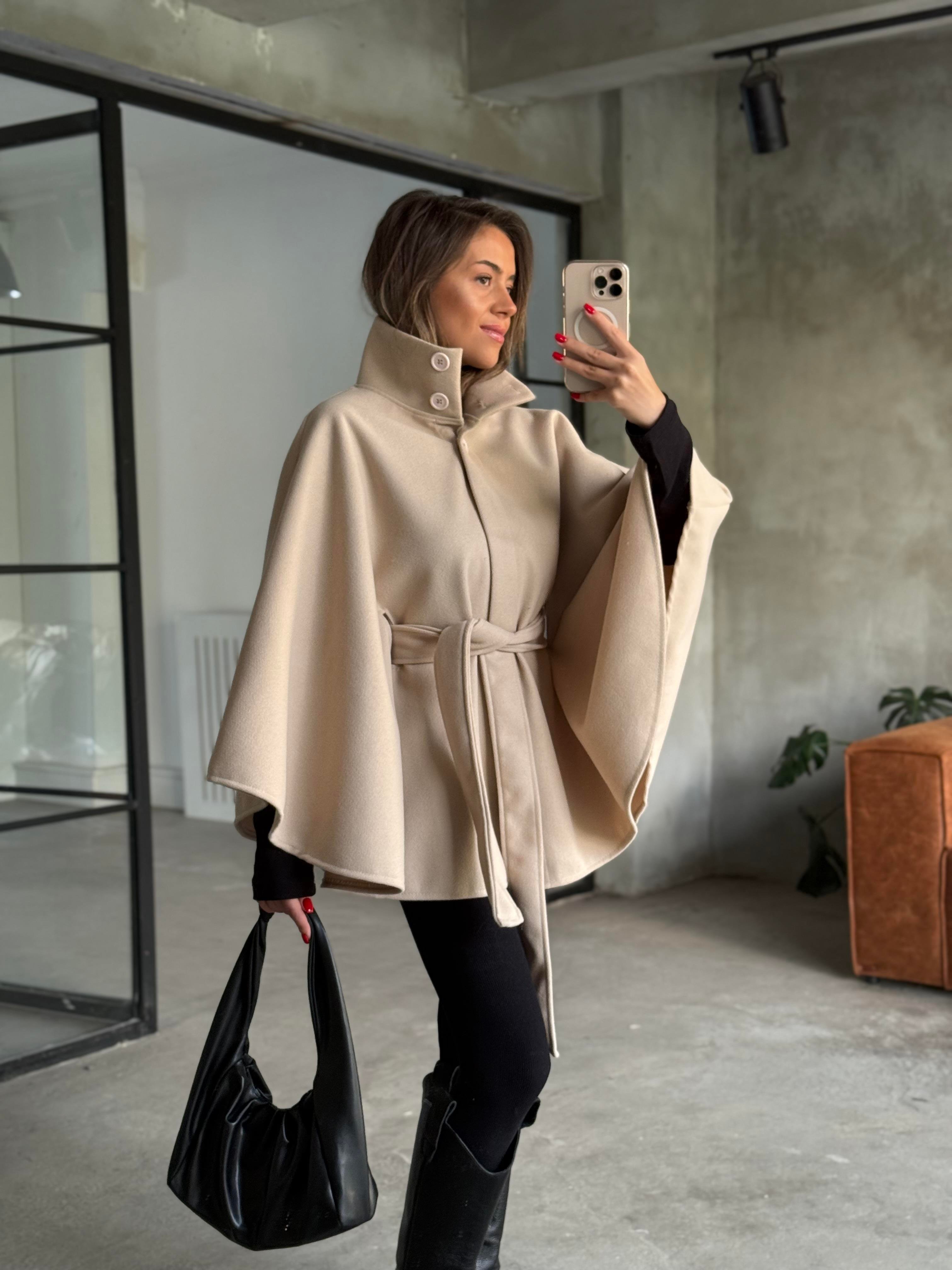 Kaşe Kuşalı Panço - Krem - Dominatrend