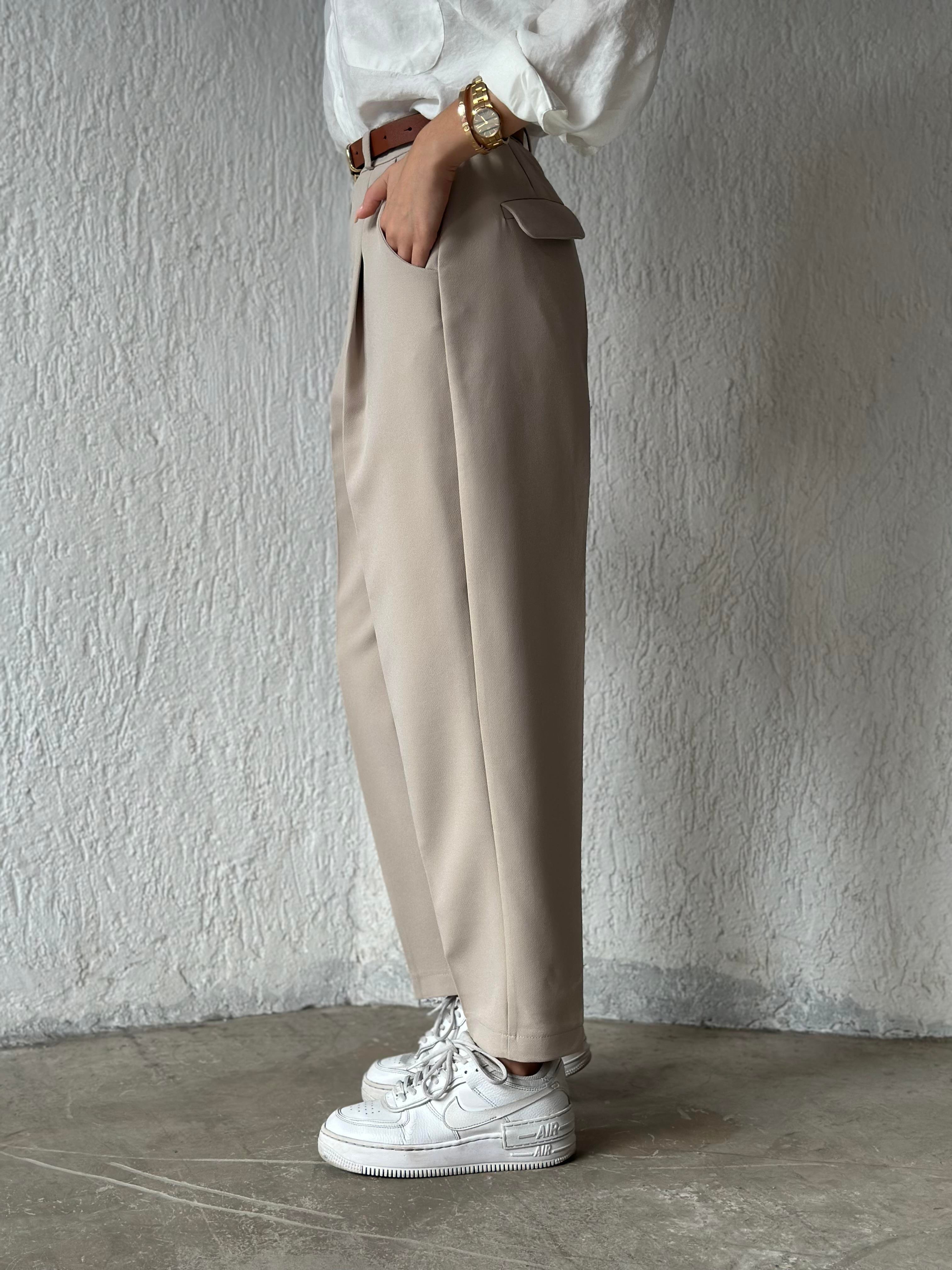 Kemerli Havuç Pantolon - Bej - Dominatrend
