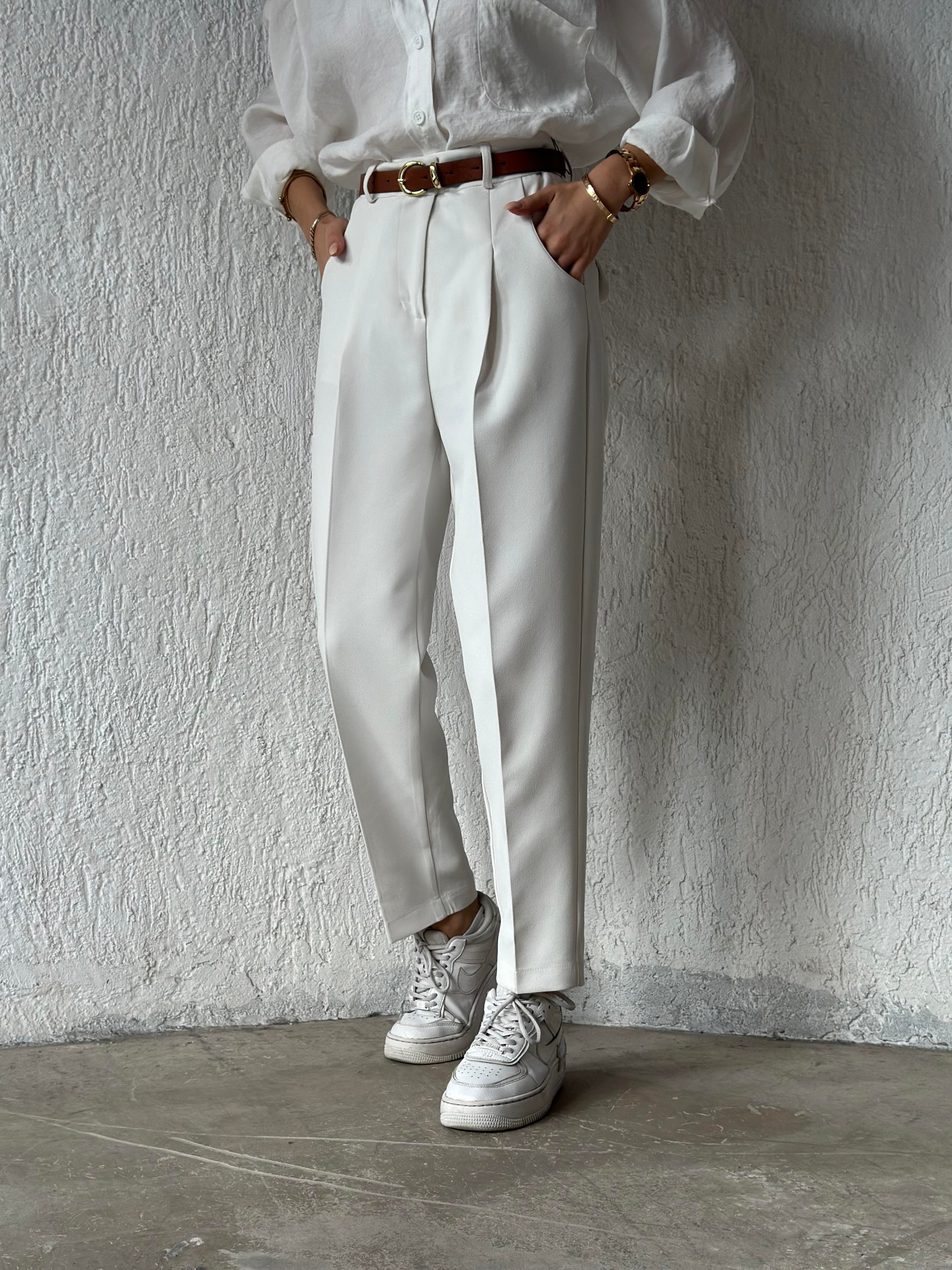 Kemerli Havuç Pantolon - Beyaz - Dominatrend