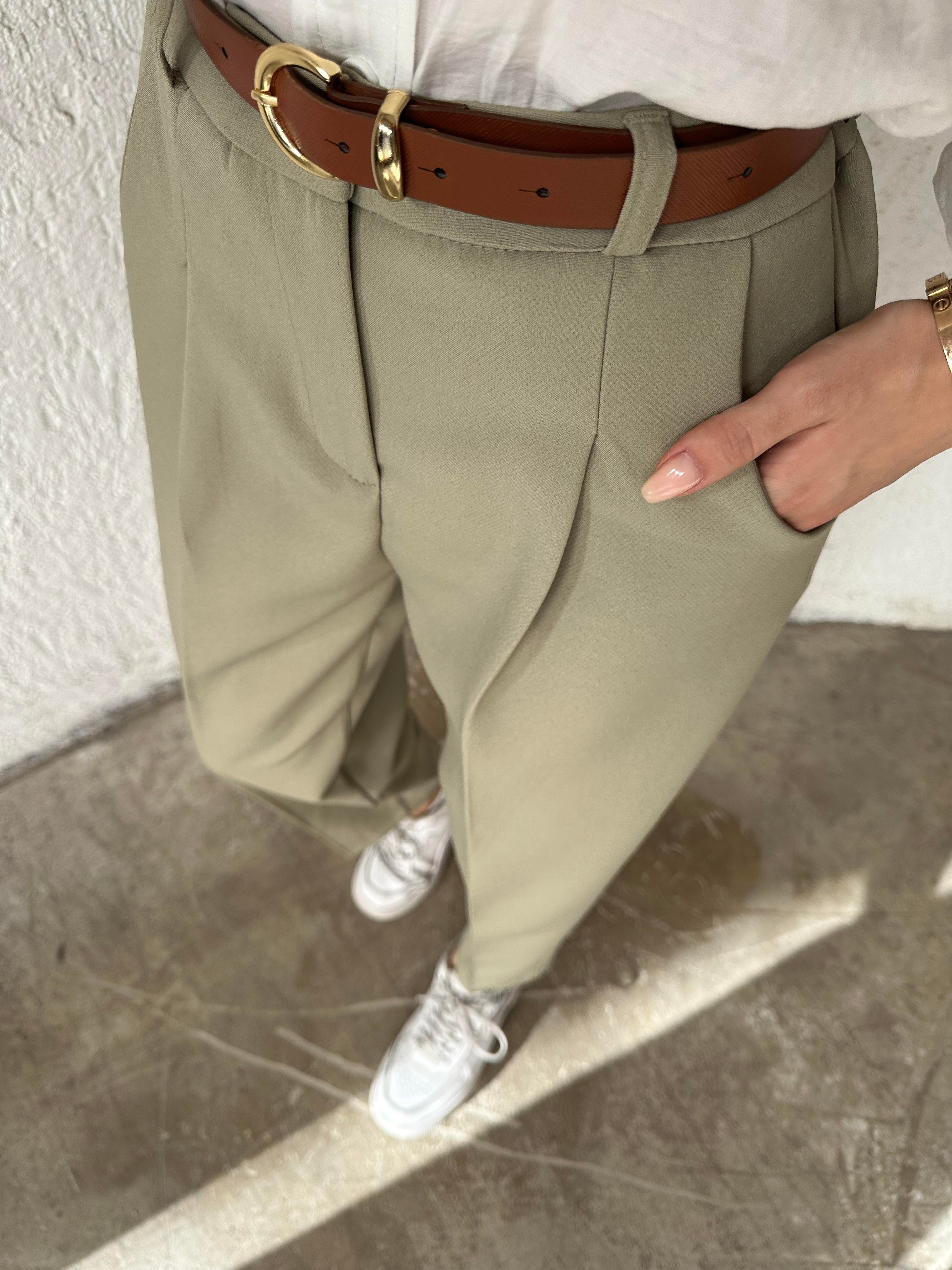 Kemerli Havuç Pantolon - Yeşil - Dominatrend