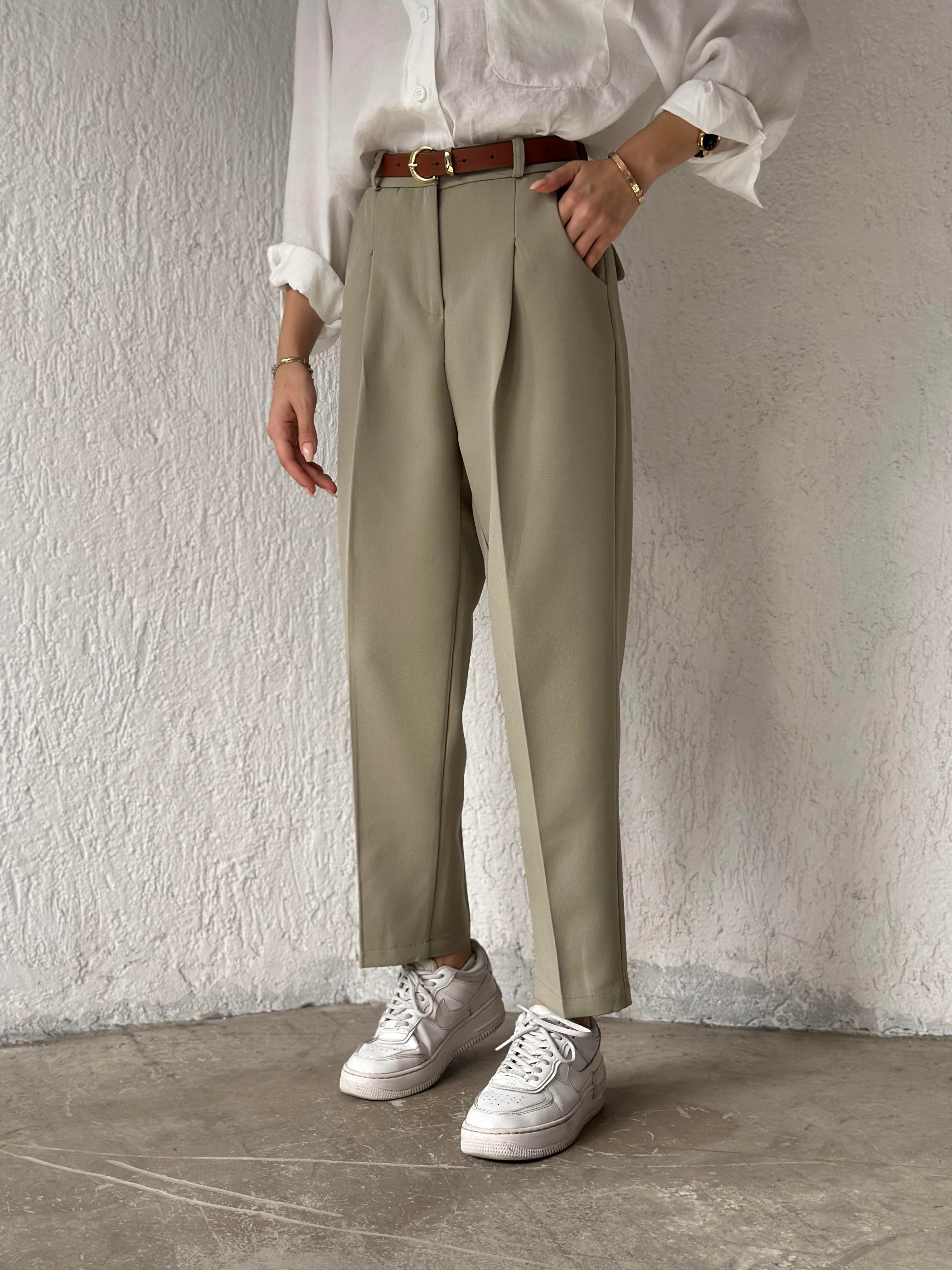 Kemerli Havuç Pantolon - Yeşil - Dominatrend