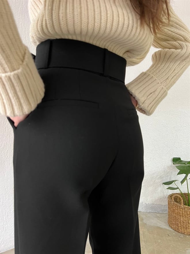 Kemerli Kumaş Pantolon - Siyah - Dominatrend