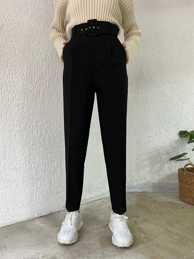 Kemerli Kumaş Pantolon - Siyah - Dominatrend