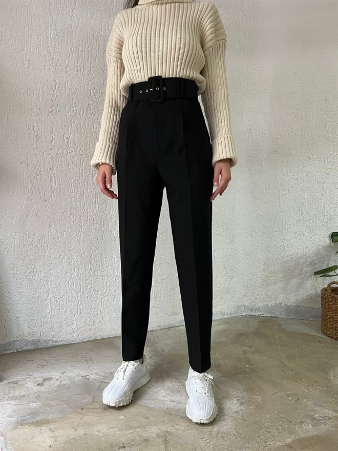 Kemerli Kumaş Pantolon - Siyah - Dominatrend