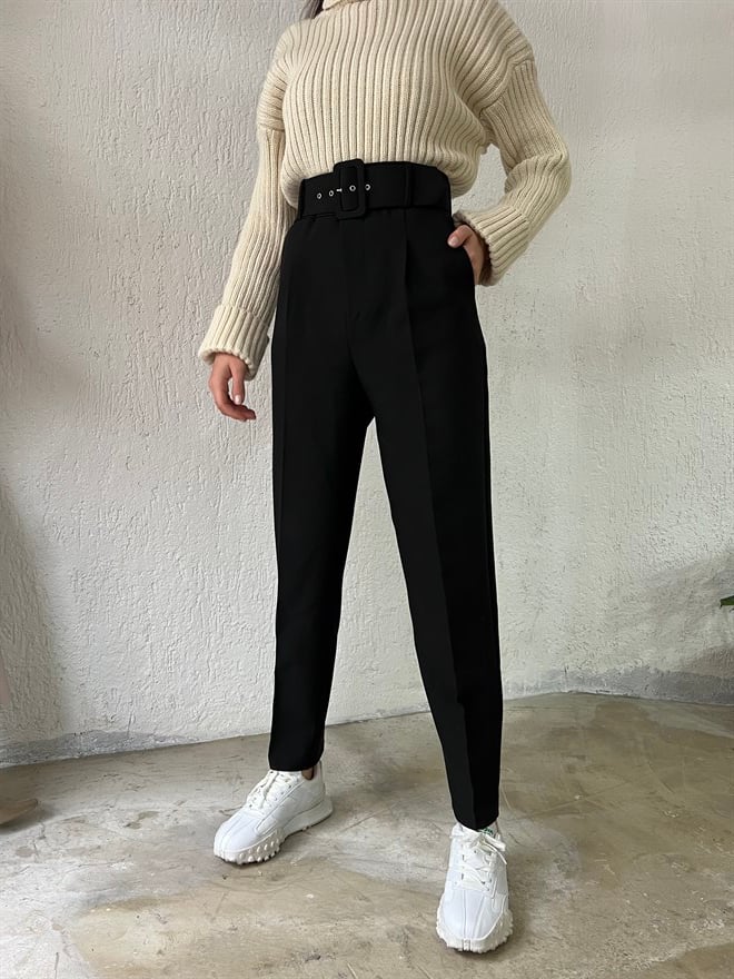Kemerli Kumaş Pantolon - Siyah - Dominatrend