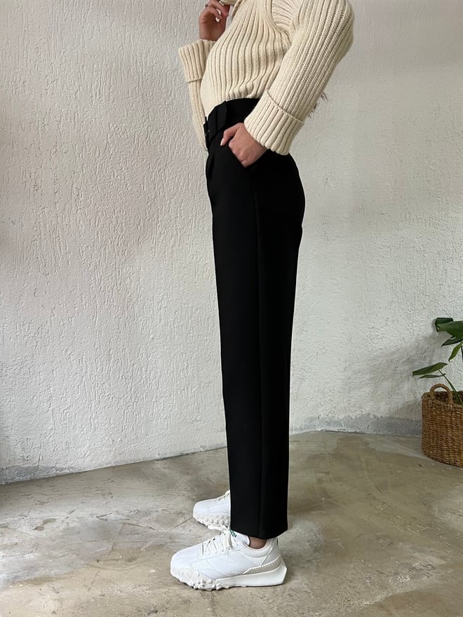 Kemerli Kumaş Pantolon - Siyah - Dominatrend