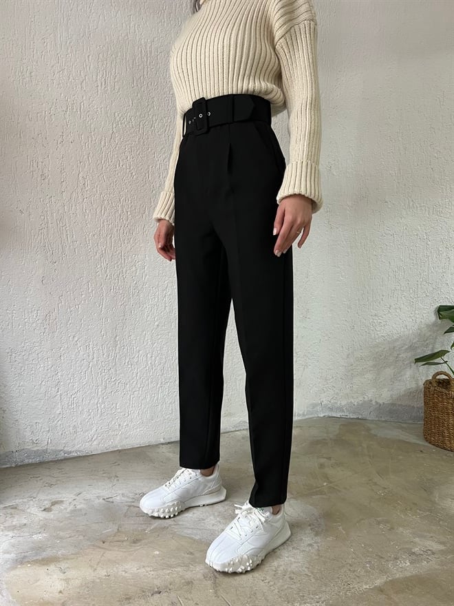 Kemerli Kumaş Pantolon - Siyah - Dominatrend