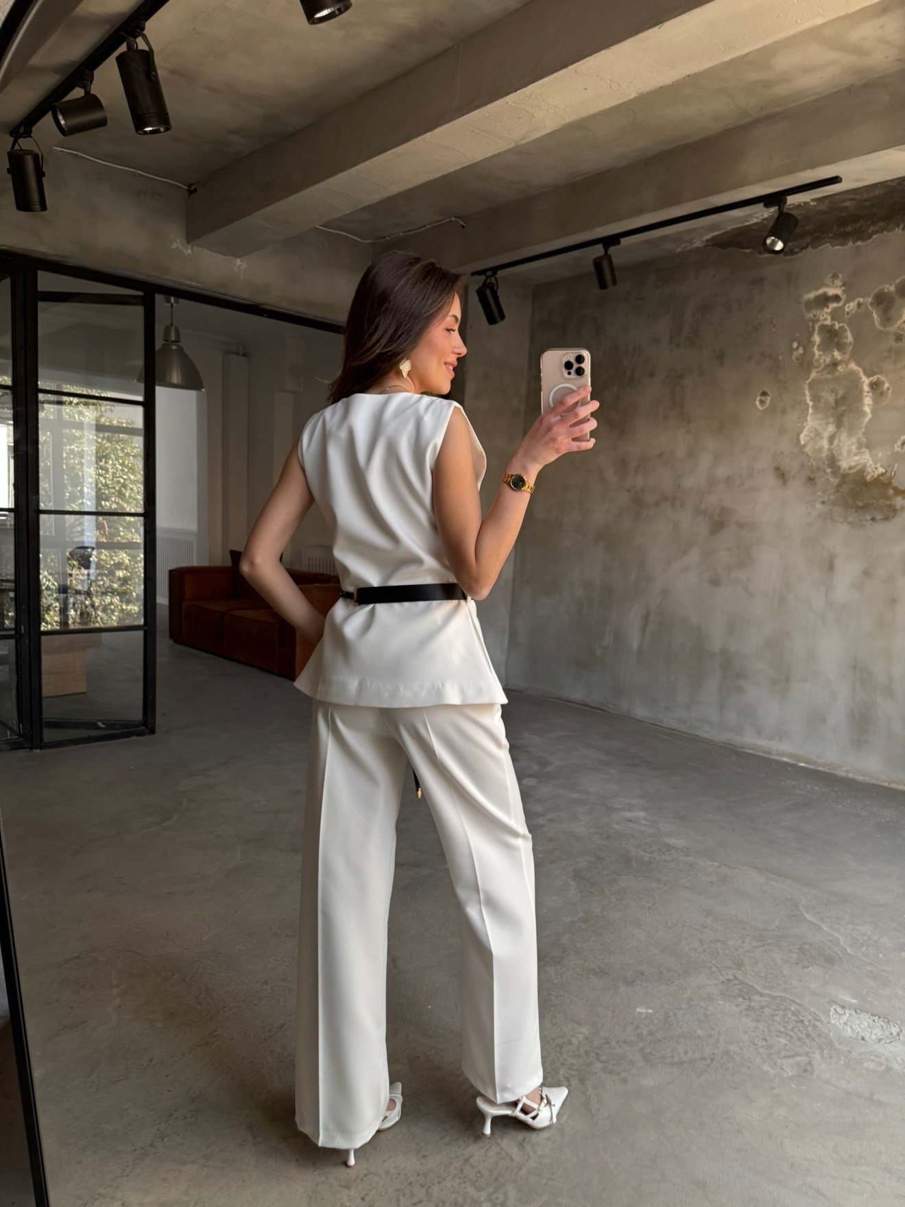 Kemerli Yelek Pantolon Takım - Beyaz - Dominatrend
