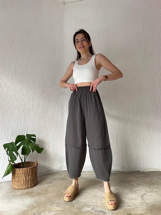 Kesik Detay Şalvar Pantolon - Füme - Dominatrend