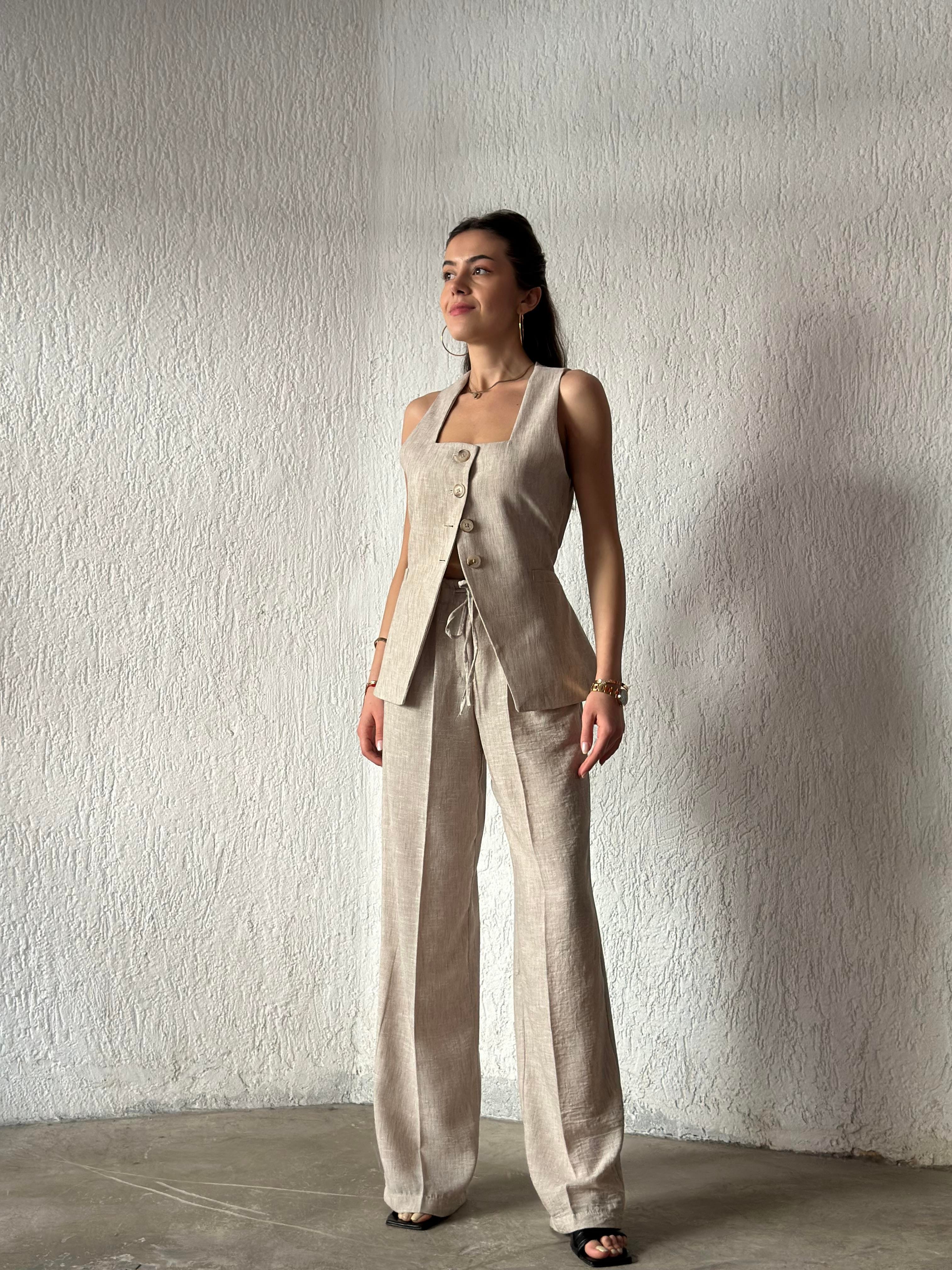 Keten Ayarlanabilir Yelek - Pantolon Takım - Bej - Dominatrend