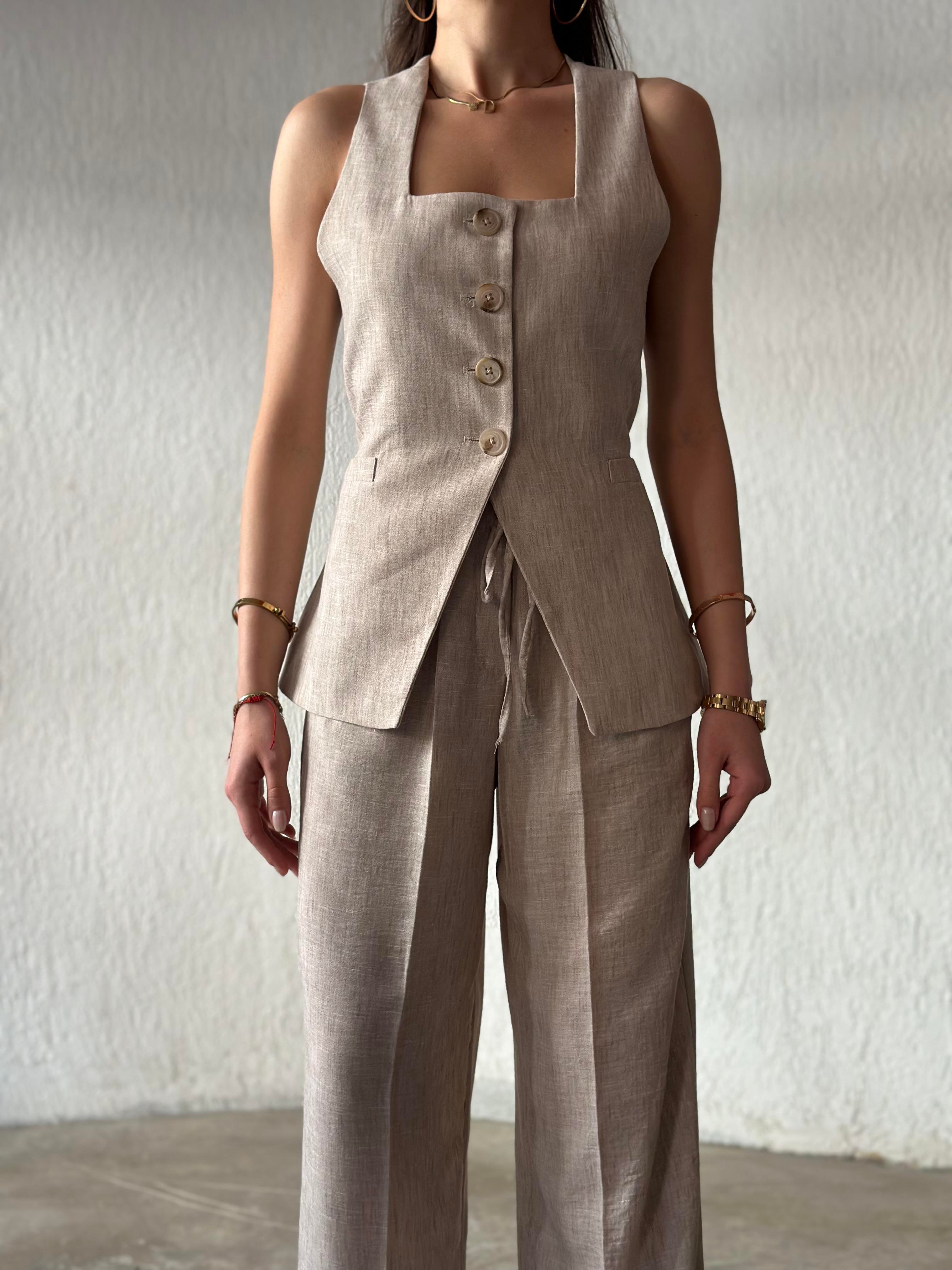 Keten Ayarlanabilir Yelek - Pantolon Takım - Bej - Dominatrend
