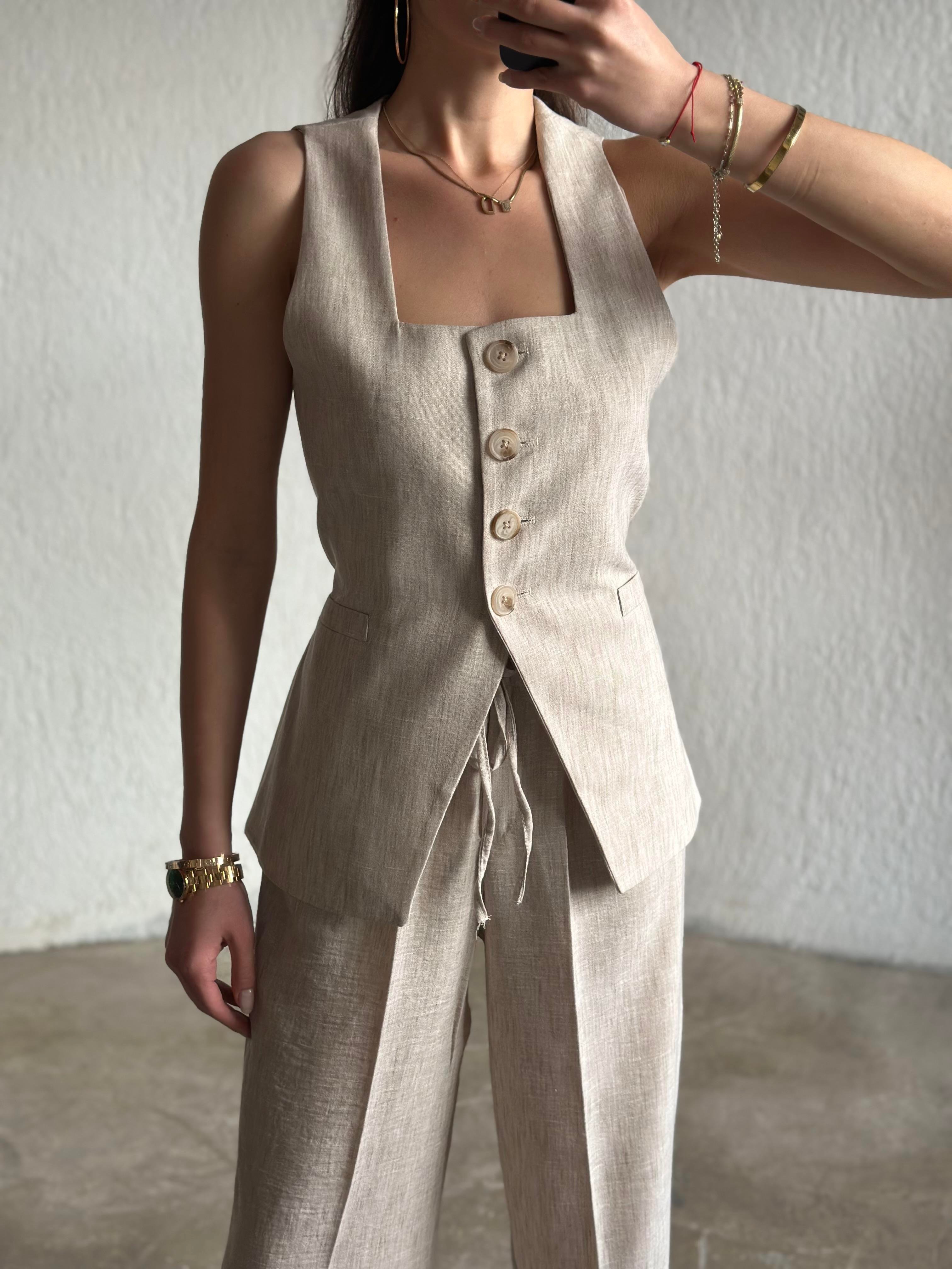Keten Ayarlanabilir Yelek - Pantolon Takım - Bej - Dominatrend