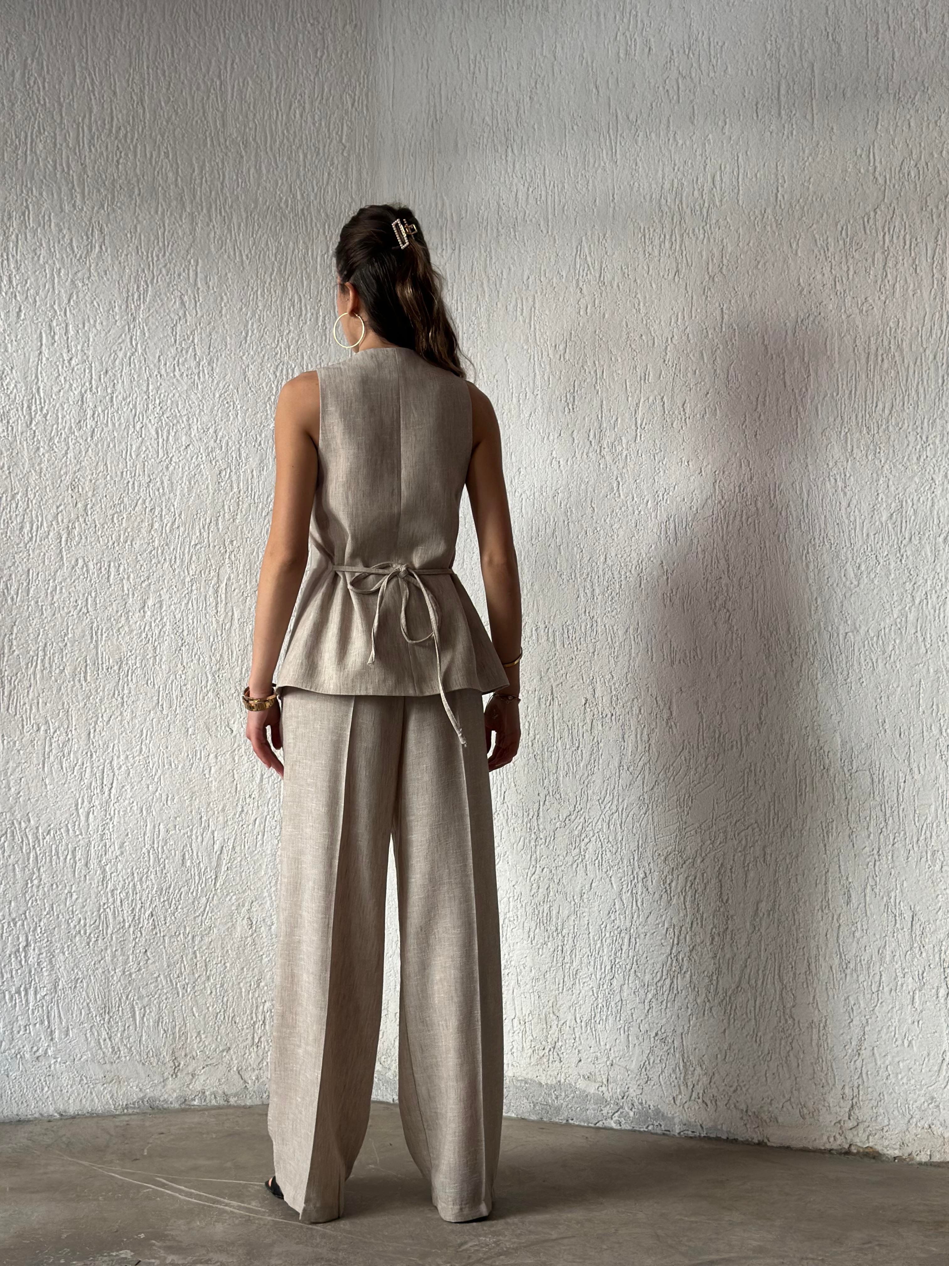 Keten Ayarlanabilir Yelek - Pantolon Takım - Bej - Dominatrend