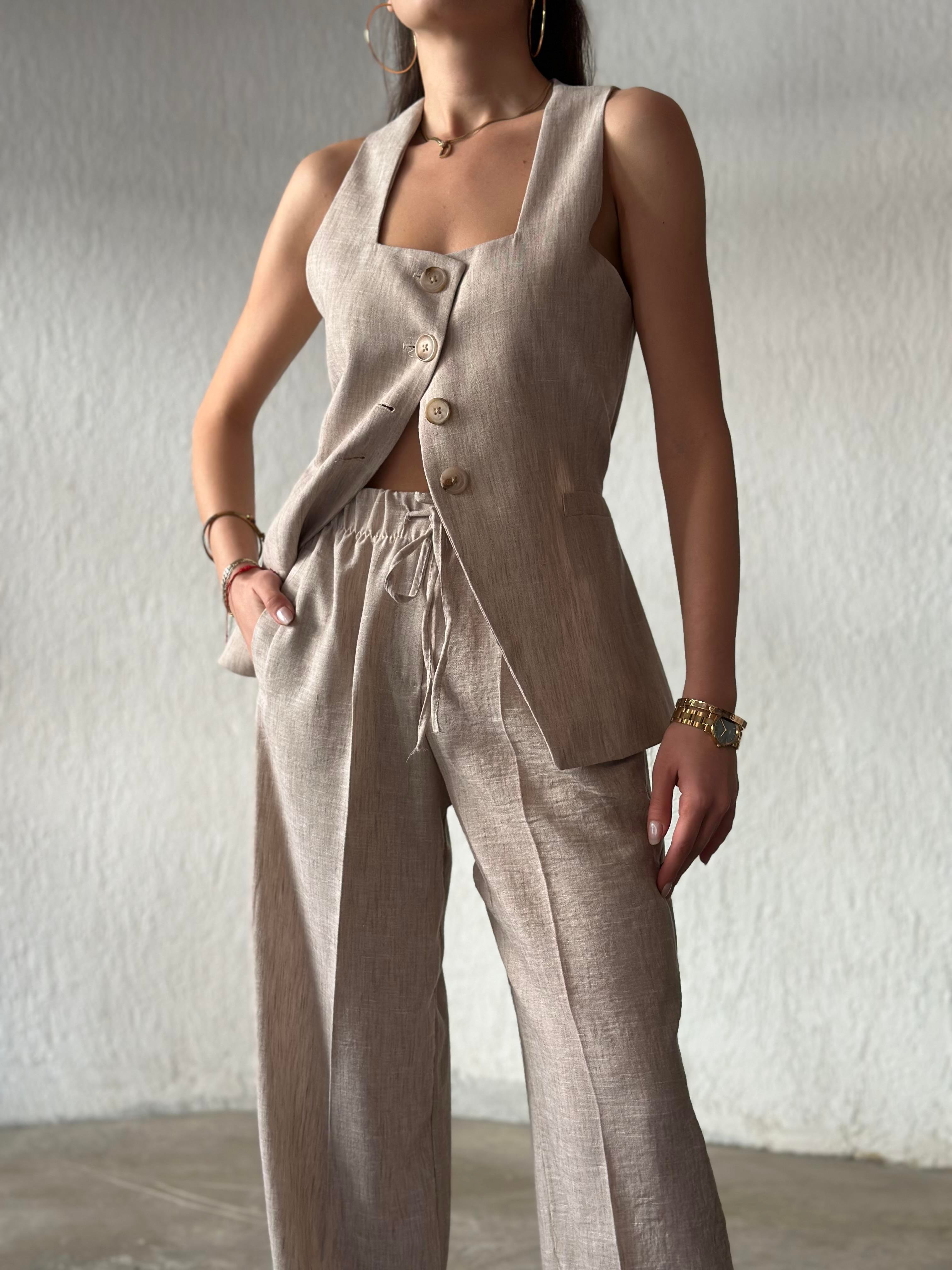 Keten Ayarlanabilir Yelek - Pantolon Takım - Bej - Dominatrend