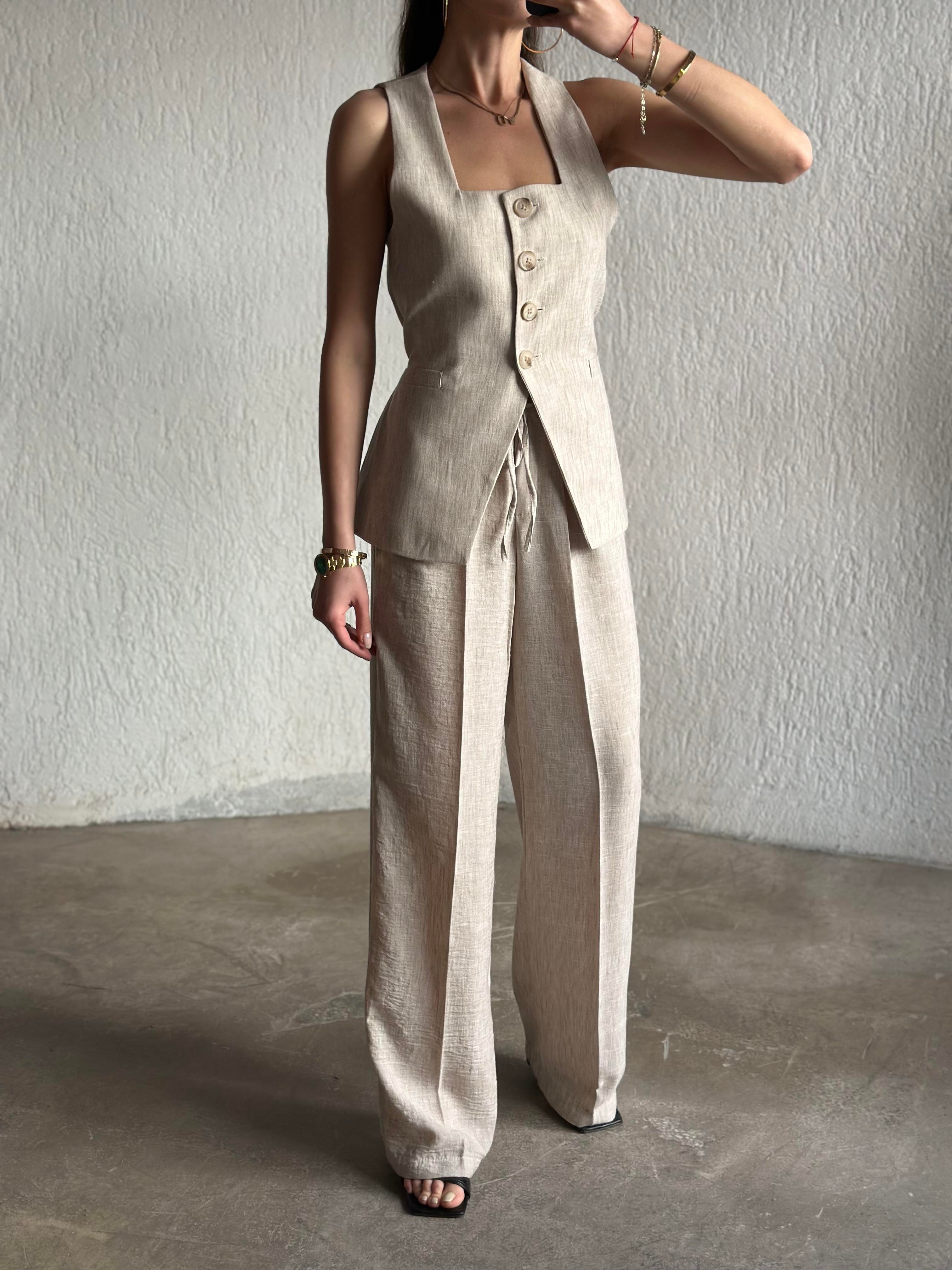 Keten Ayarlanabilir Yelek - Pantolon Takım - Bej - Dominatrend