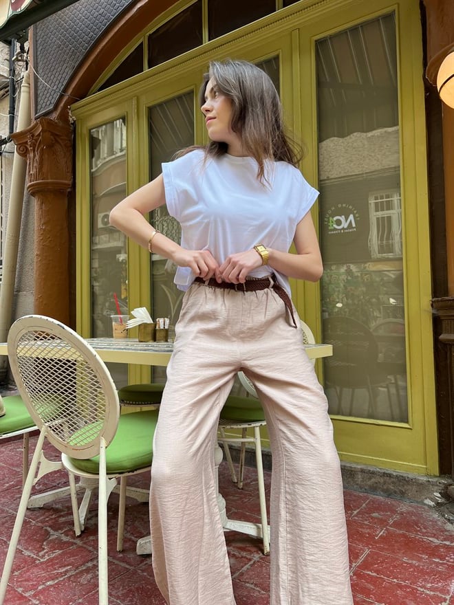Keten Ayrobin Salaş Pantolon - Krem - Dominatrend