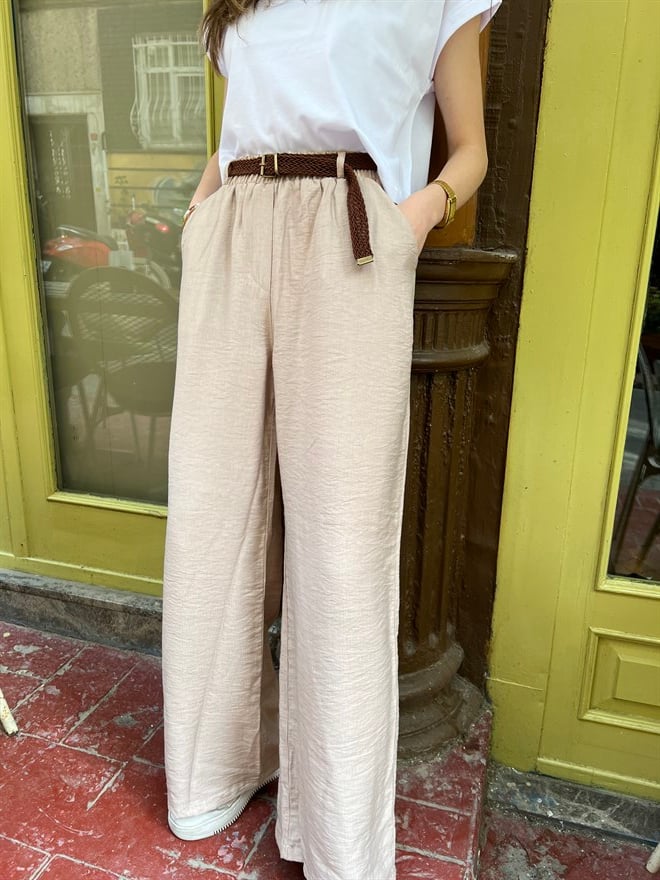 Keten Ayrobin Salaş Pantolon - Krem - Dominatrend
