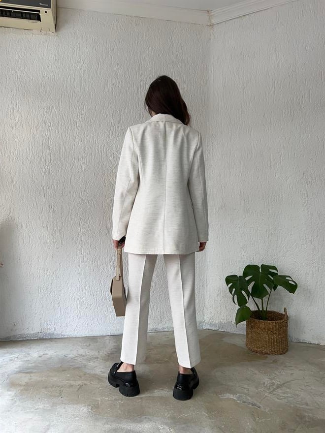 Keten Ceket - Pantolon İkili Takım - Krem - Dominatrend