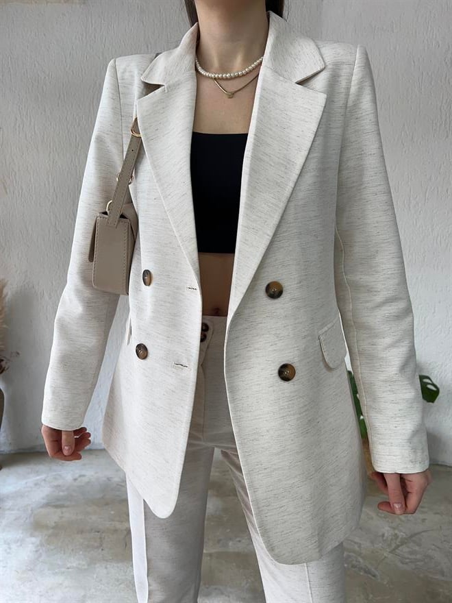 Keten Ceket - Pantolon İkili Takım - Krem - Dominatrend
