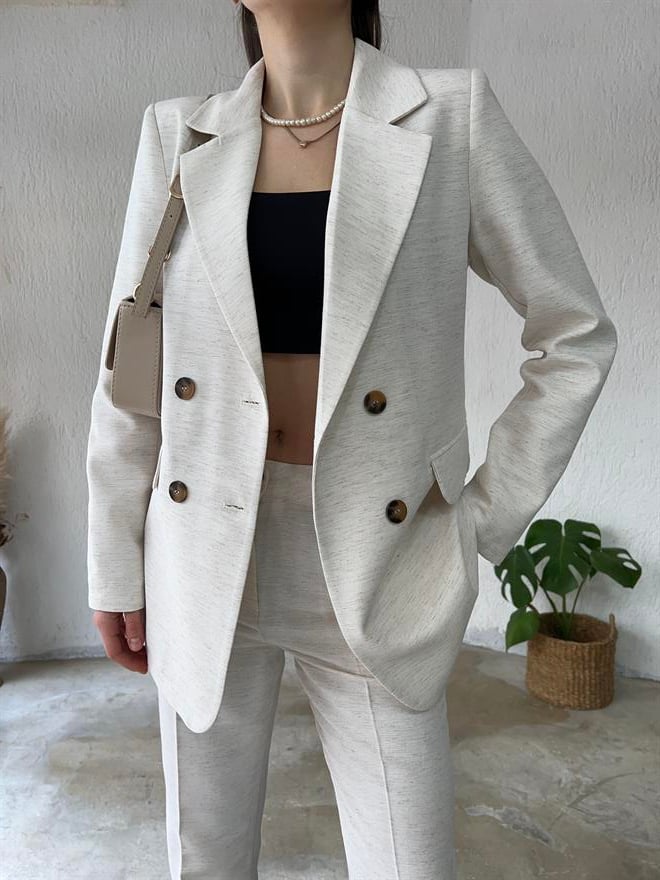 Keten Ceket - Pantolon İkili Takım - Krem - Dominatrend