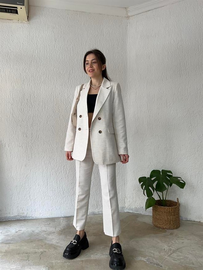 Keten Ceket - Pantolon İkili Takım - Krem - Dominatrend
