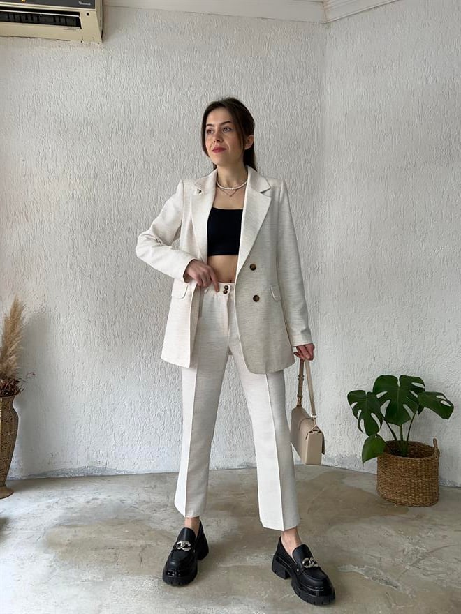 Keten Ceket - Pantolon İkili Takım - Krem - Dominatrend