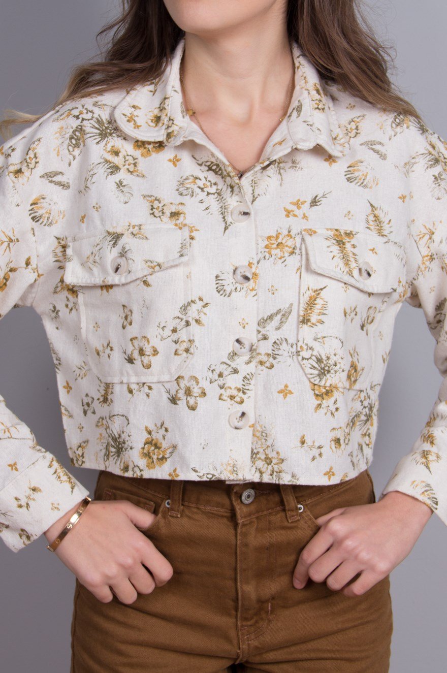Keten Çiçek Desenli Crop Gömlek - Krem - Dominatrend