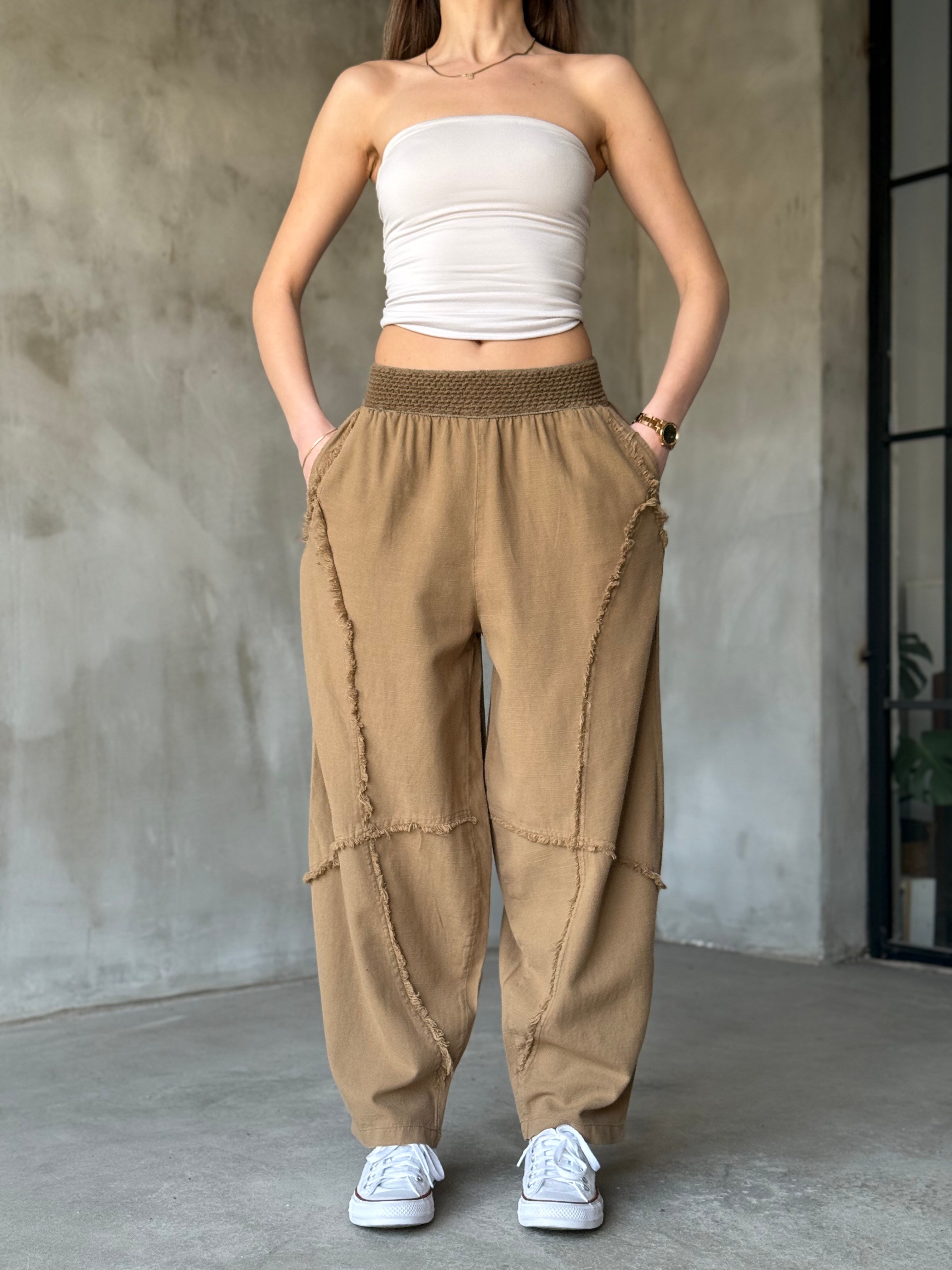 Keten Detay Şalvar Pantolon - Camel - Dominatrend