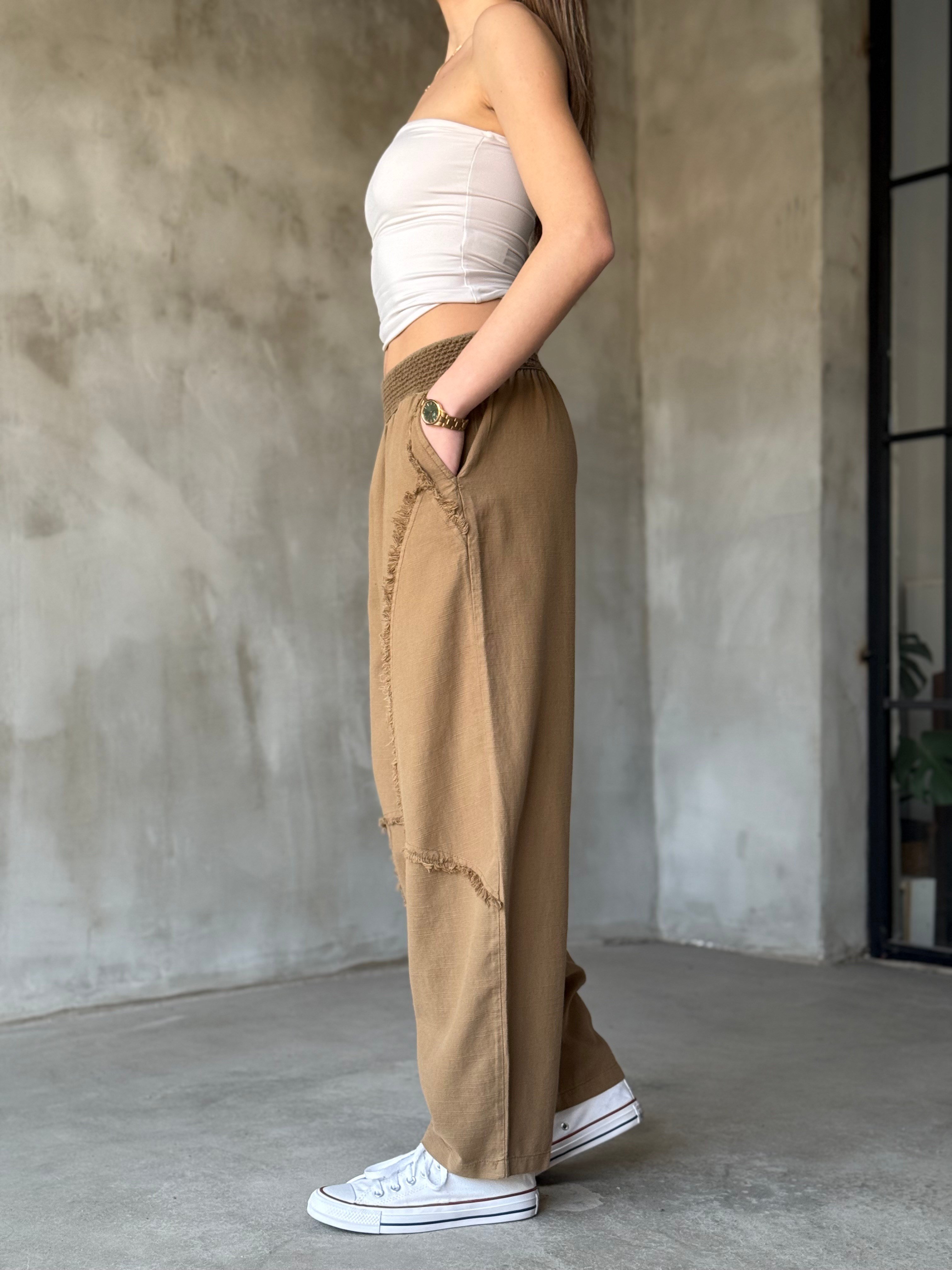 Keten Detay Şalvar Pantolon - Camel - Dominatrend