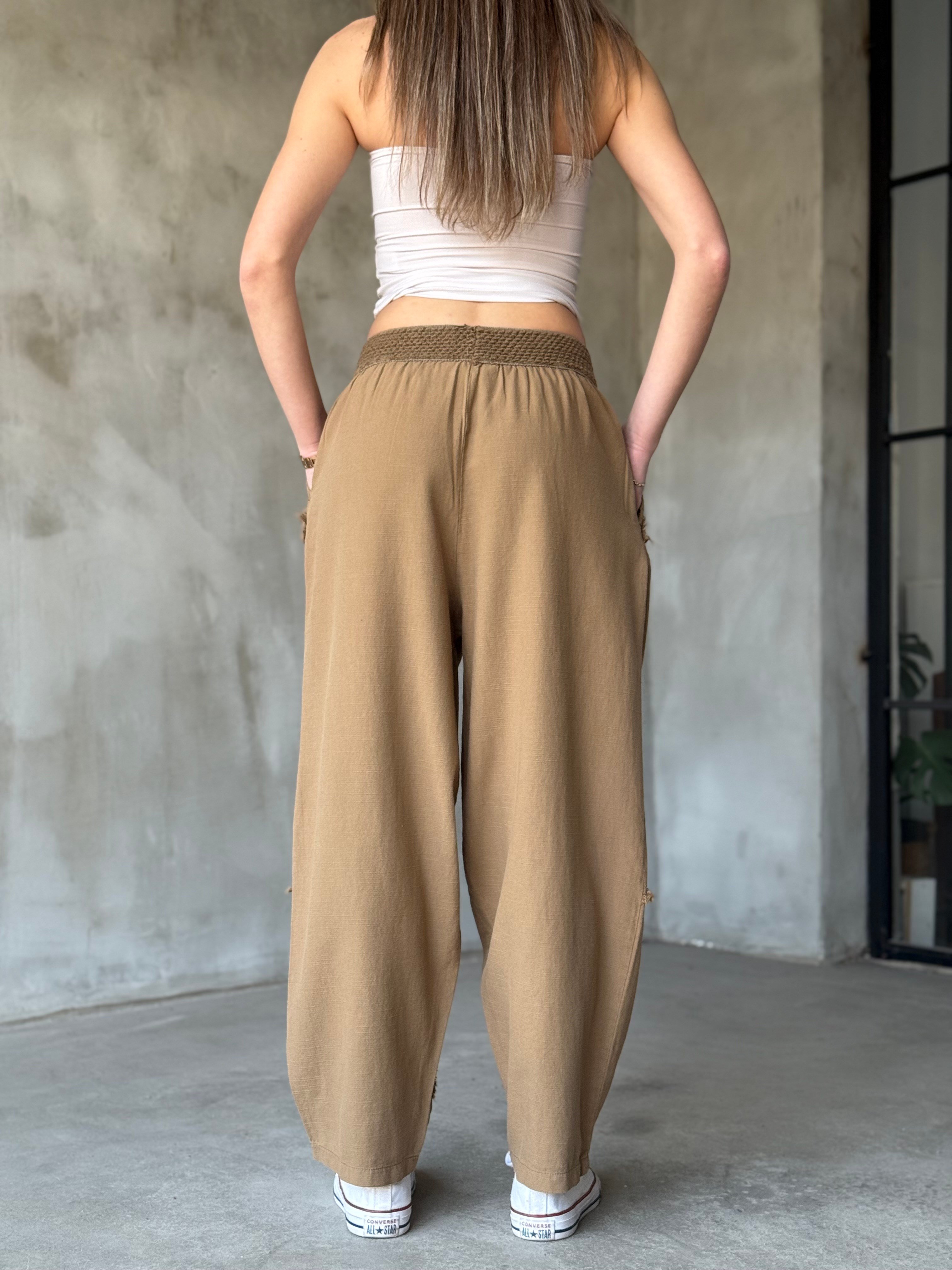 Keten Detay Şalvar Pantolon - Camel - Dominatrend