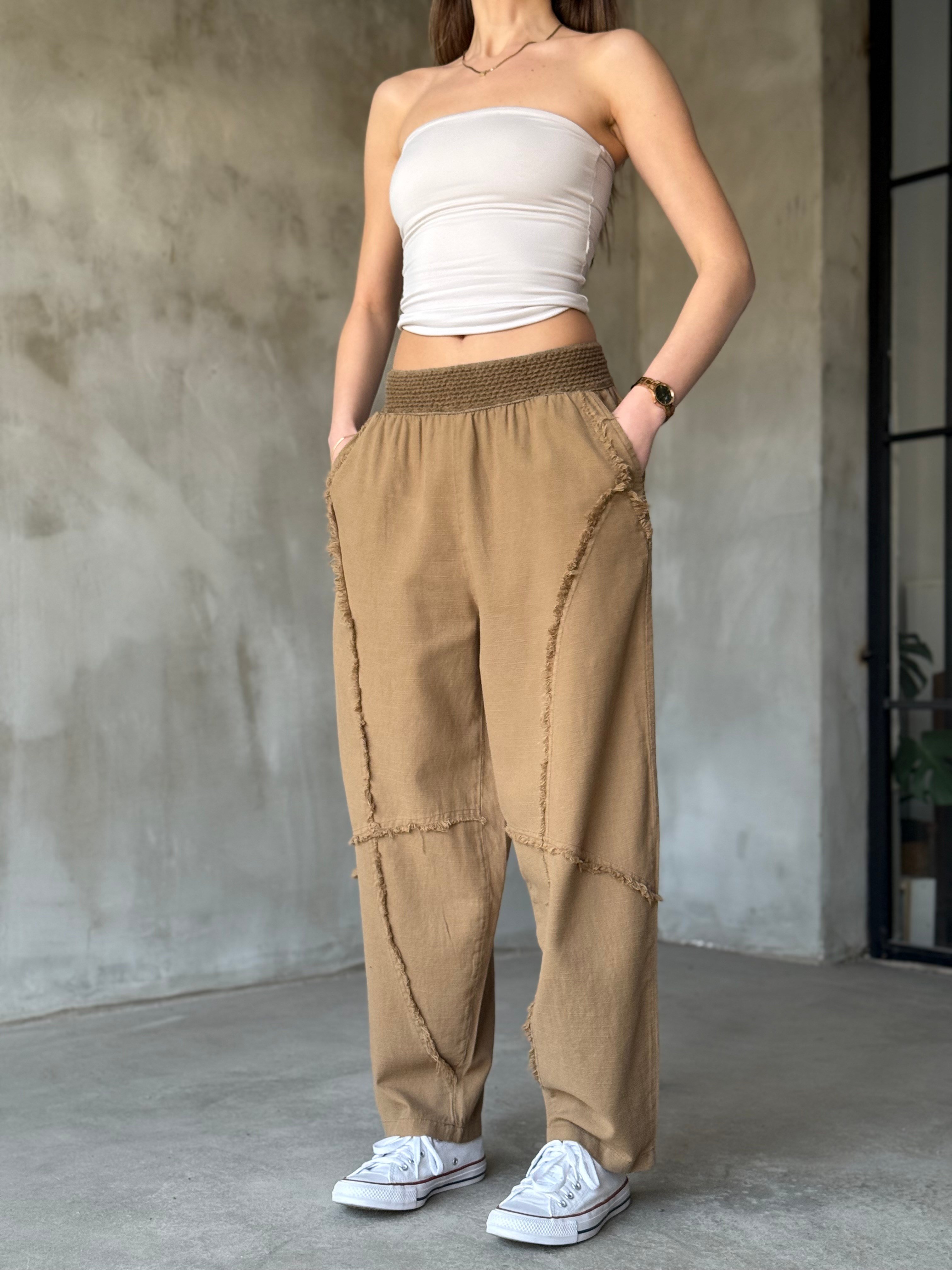 Keten Detay Şalvar Pantolon - Camel - Dominatrend