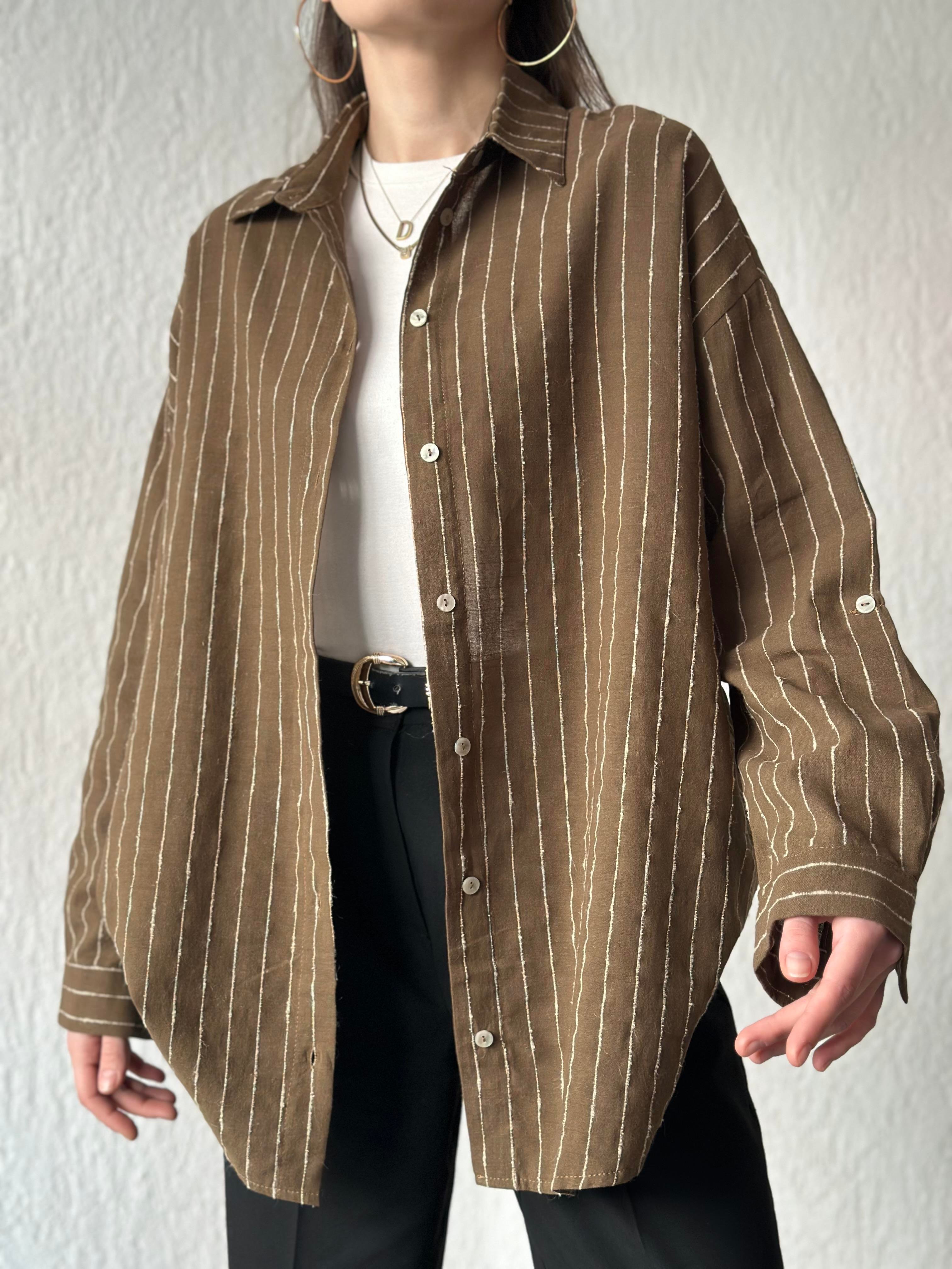 Keten Dik Çizgili Oversize Gömlek - Kahverengi - Dominatrend