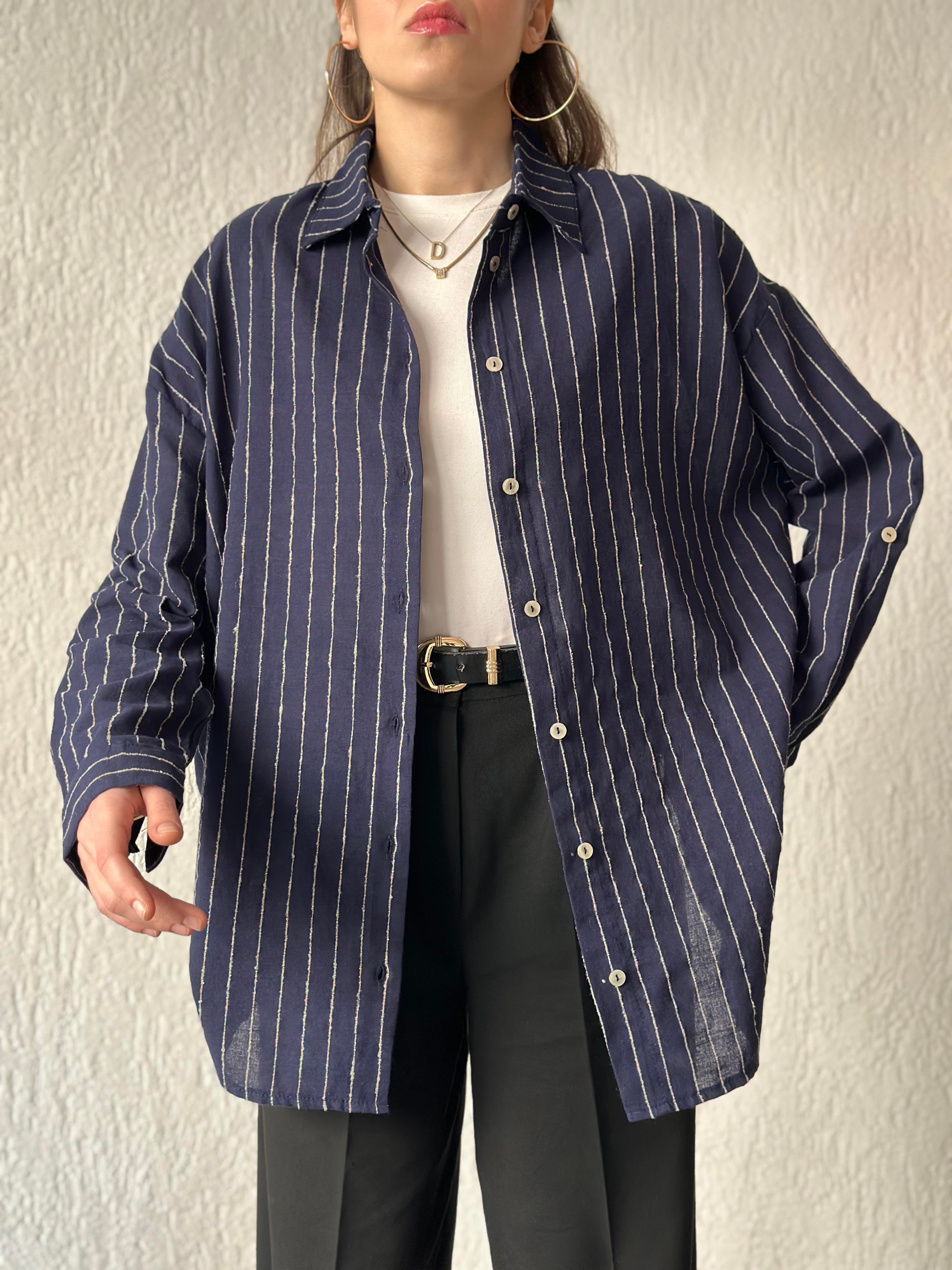 Keten Dik Çizgili Oversize Gömlek - Lacivert - Dominatrend
