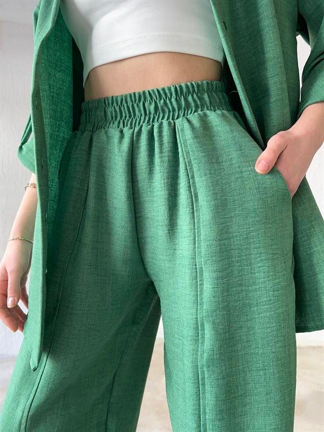 Keten Gömlek - Pantolon İkili Takım Yeşil - Dominatrend