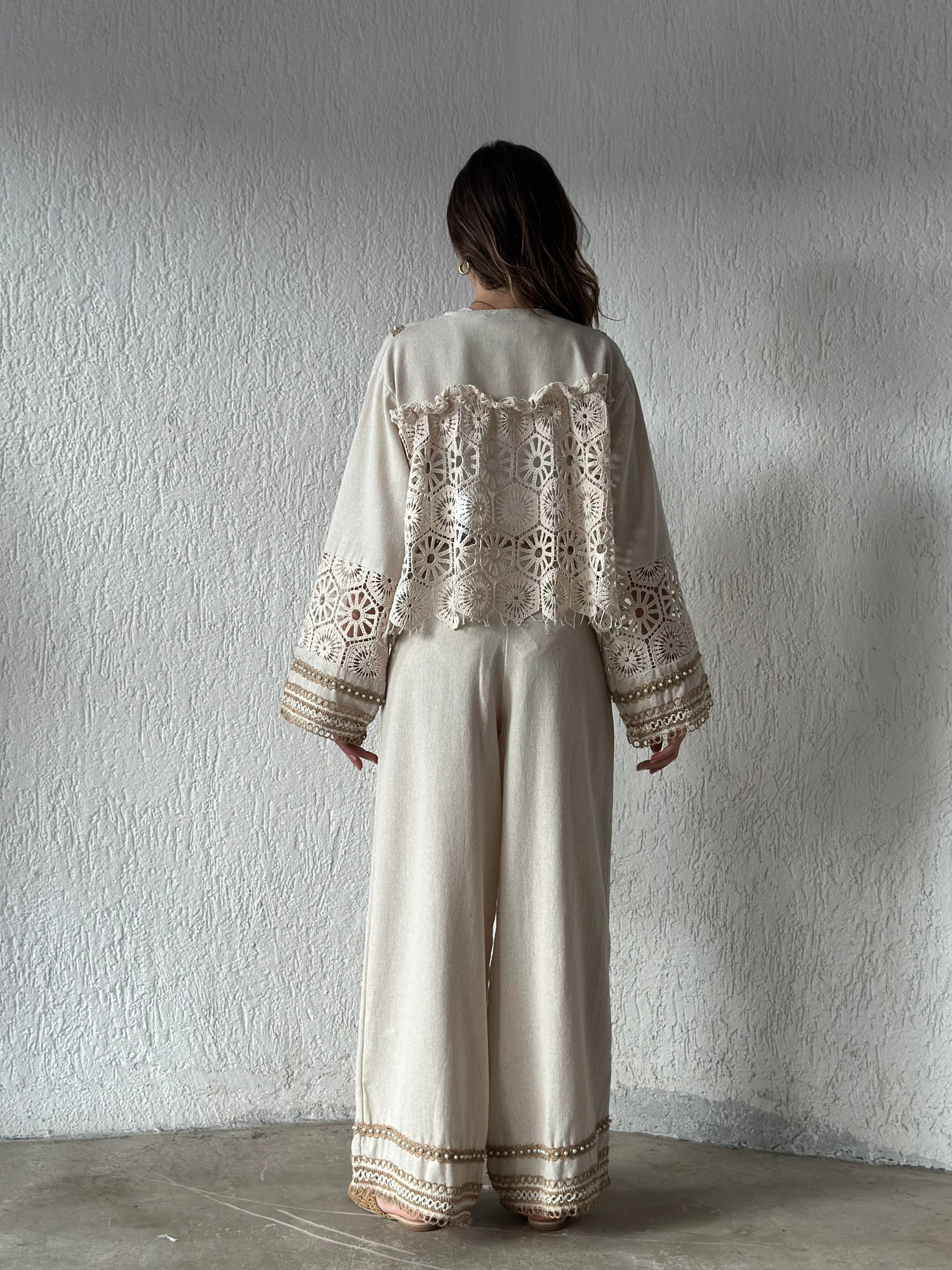 Keten İnci Detay Ceket - Pantolon Takım - Dominatrend