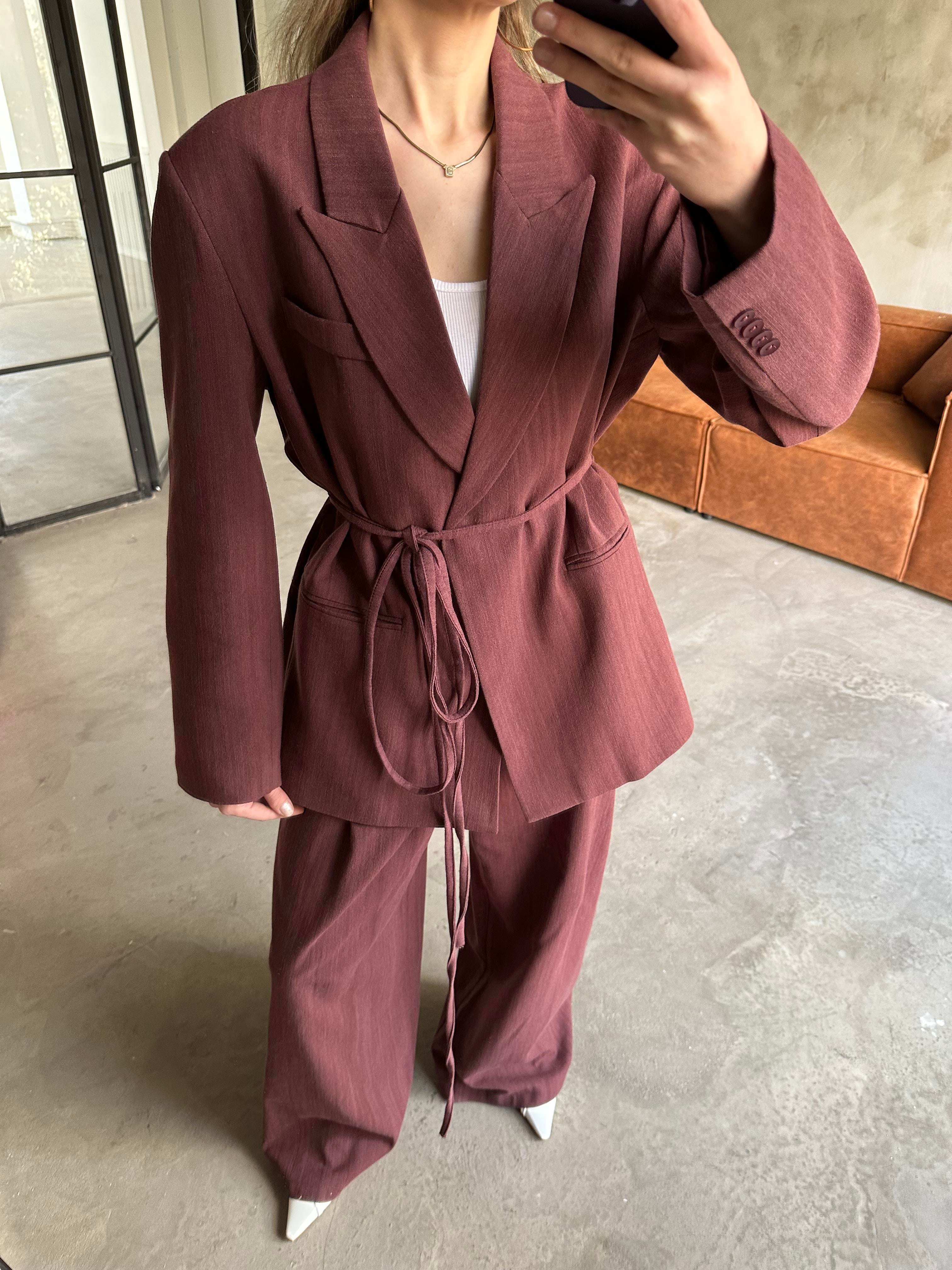 Keten Karışımlı Blazer Ceket Palazzo Pantolon Takım - Mürdüm - Dominatrend